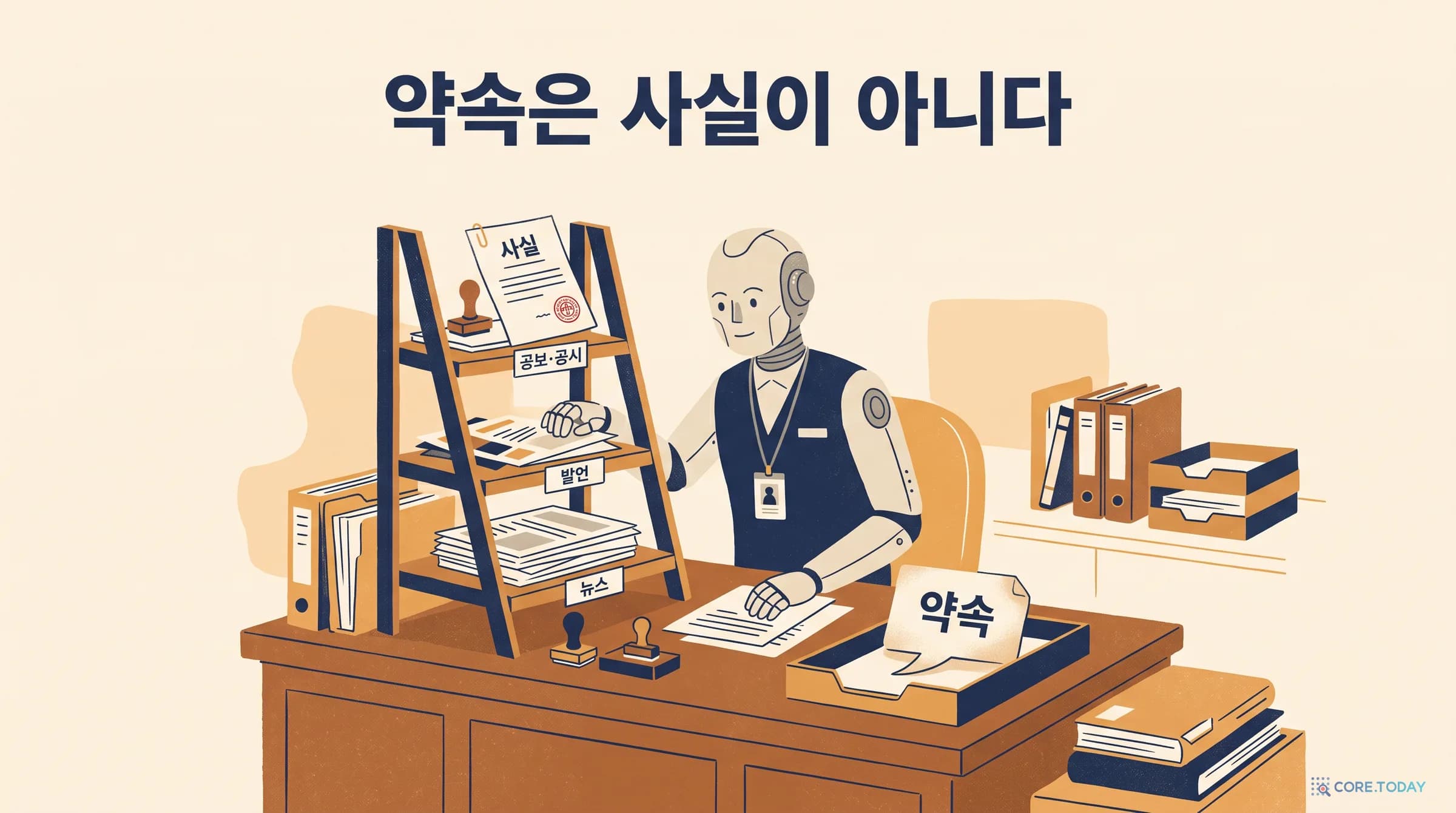 약속은 사실이 아니다 — 코어닷투데이 사실탐색기 v2 설계