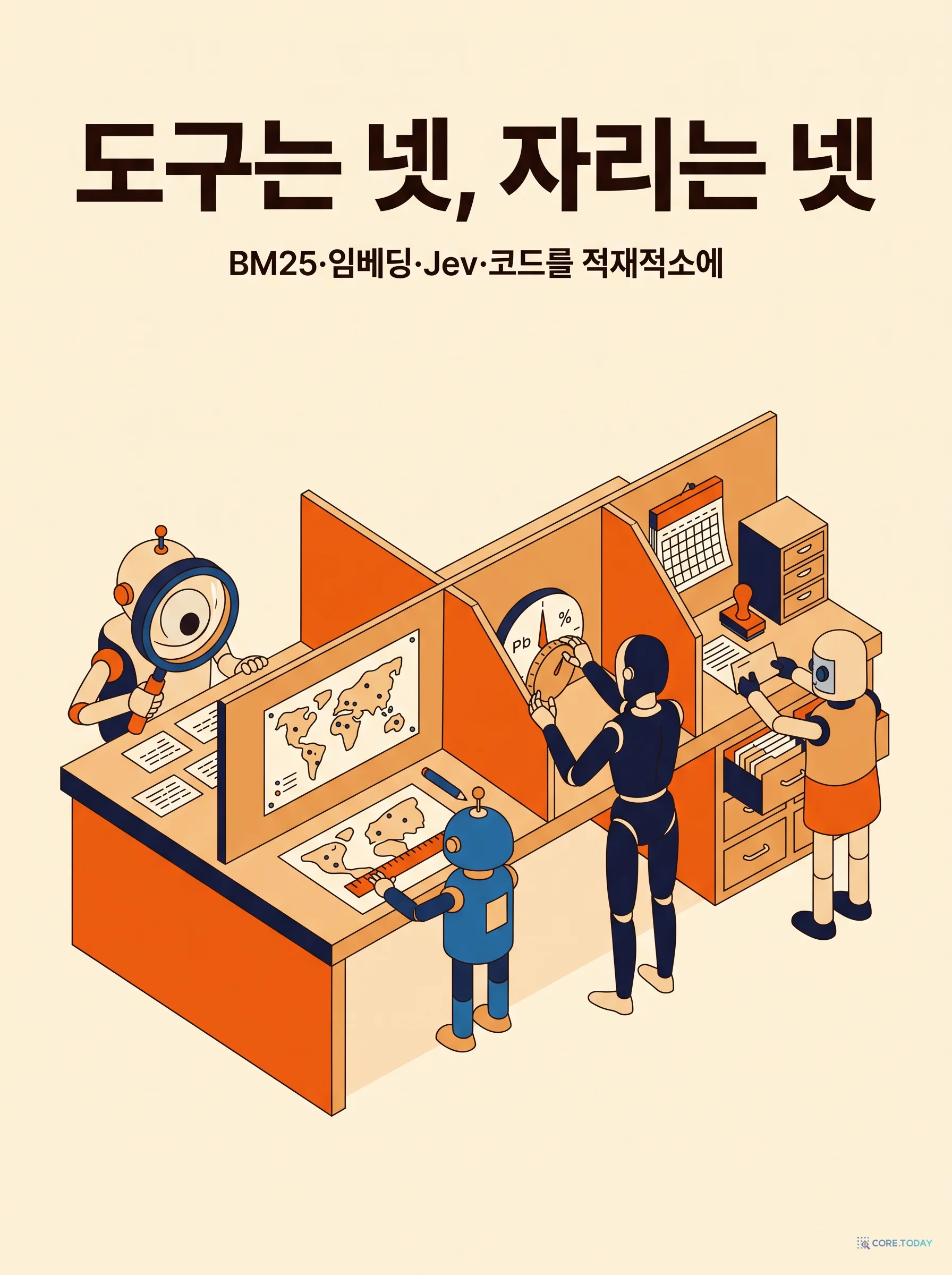 도구는 넷, 자리는 넷 — BM25·임베딩·Jev·코드를 적재적소에 쓰는 한국어 검색 실측 (한국어 검색 스택 8편)