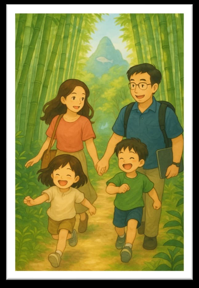 대나무숲 가족 산책 삽화 - 목가풍 스타일