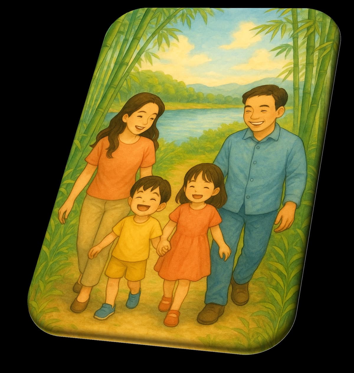 대나무숲 강가에서 함께하는 가족 동화 삽화