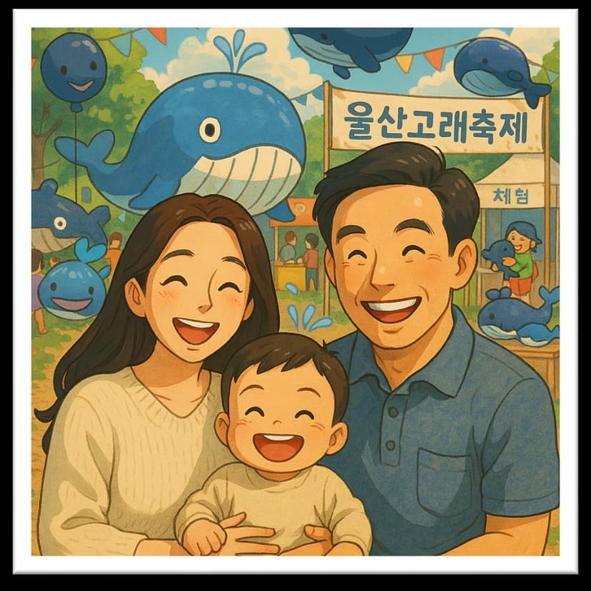 울산 고래축제 가족 삽화 - 만화 스타일