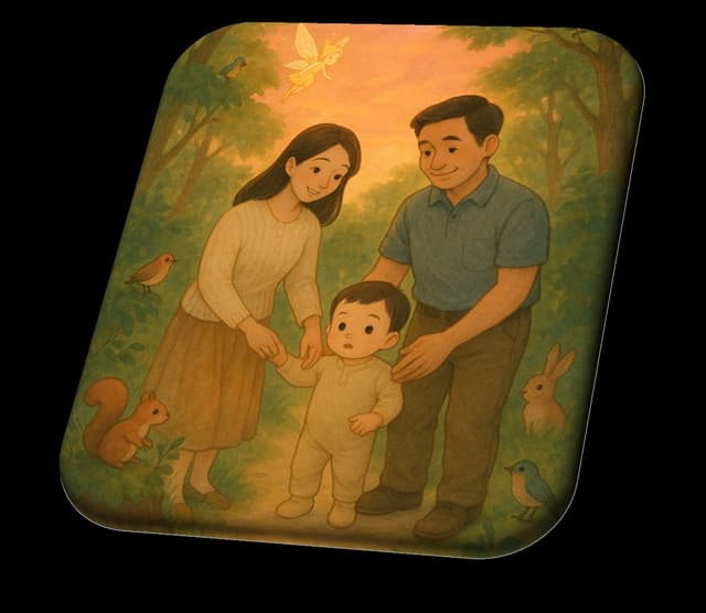 숲속 동물들과 함께하는 가족 삽화