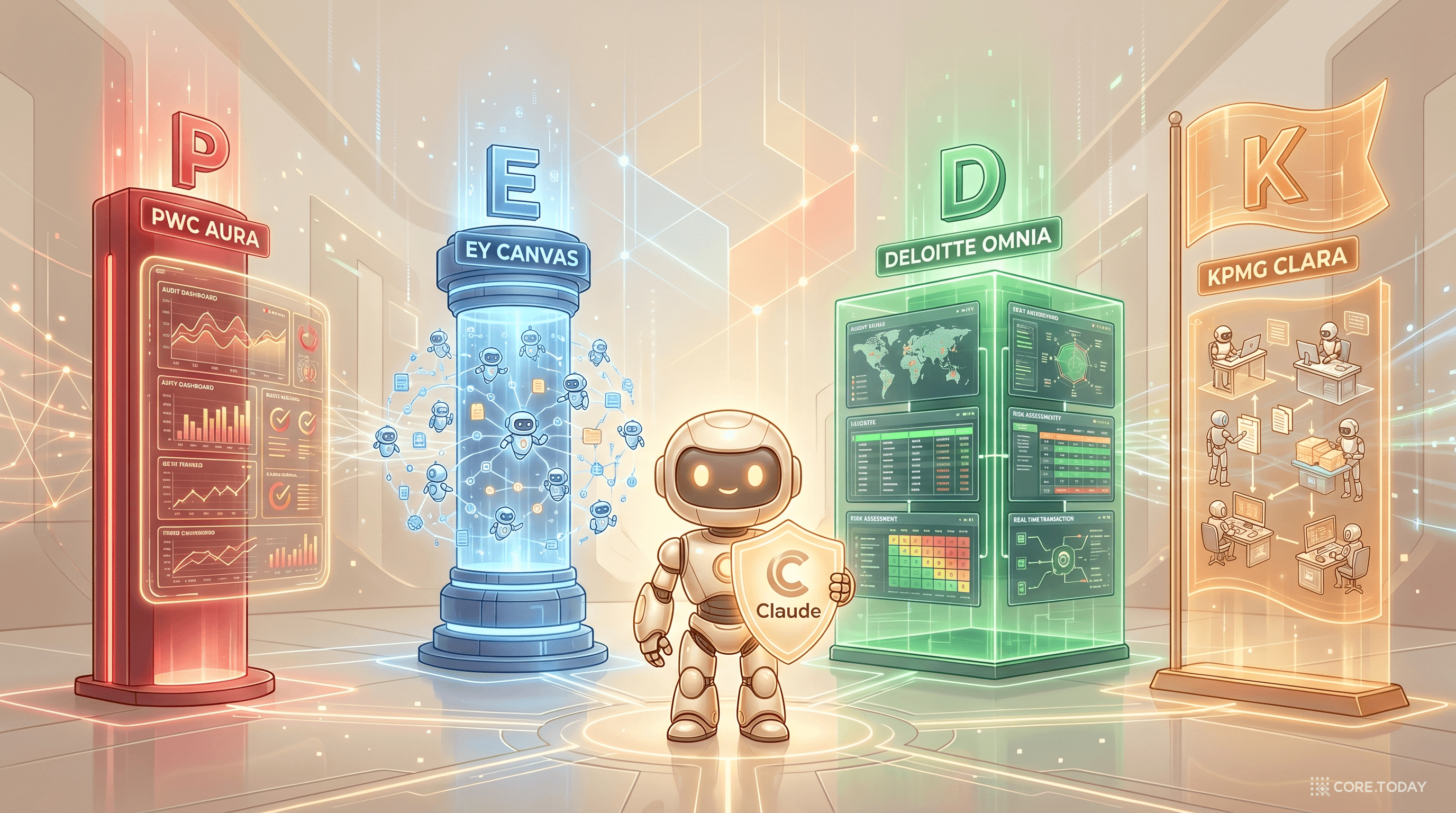Big4 platforms 일러스트 — PwC Aura · EY Canvas · Deloitte Omnia · KPMG Clara 4개 빅4 AI 플랫폼이 명확한 차이로 비교되는 인포그래픽