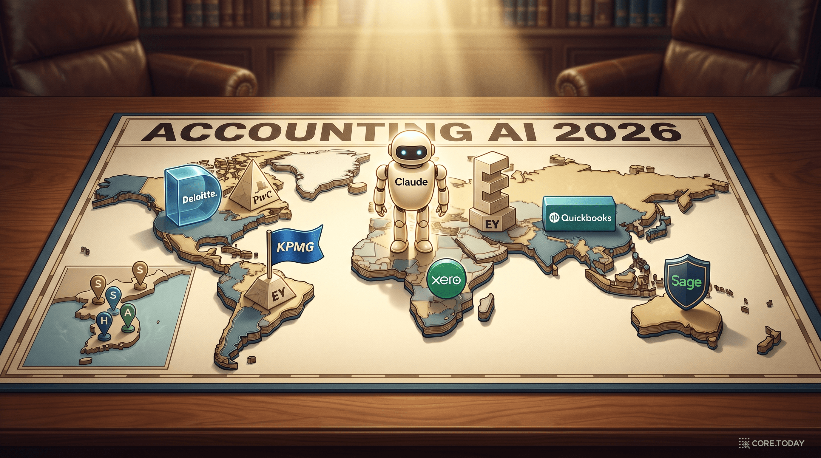 Accounting AI 전장 일러스트 — 회계 장부 대륙 위에 PwC·EY·Deloitte·KPMG와 QuickBooks·Xero·Sage 미니어처, 그리고 한국 삼일·삼정·한영·안진이 함께 경쟁하는 보드게임 장면