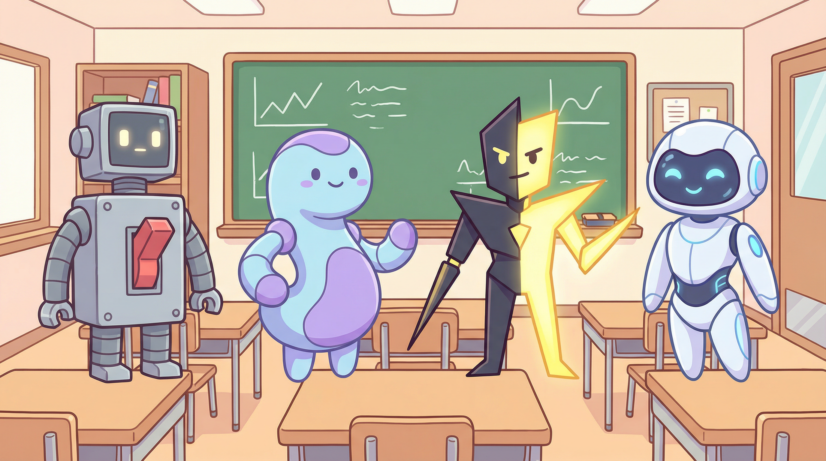 4개의 활성화 함수를 의인화한 로봇들 — 계단(Step), 시그모이드, ReLU, GELU