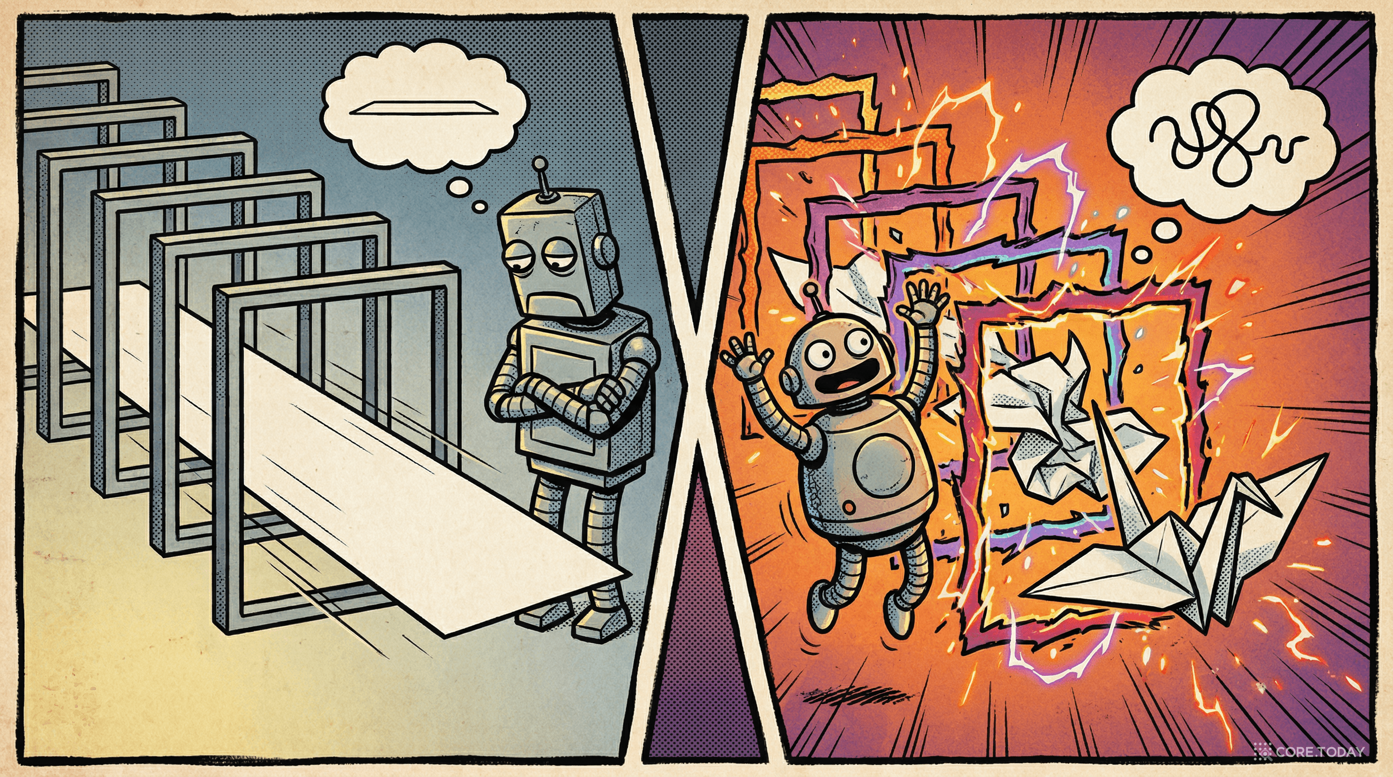 비선형성이 없으면 종이는 평평한 채로 — 비선형 활성화가 있으면 종이접기처럼 복잡한 형태로