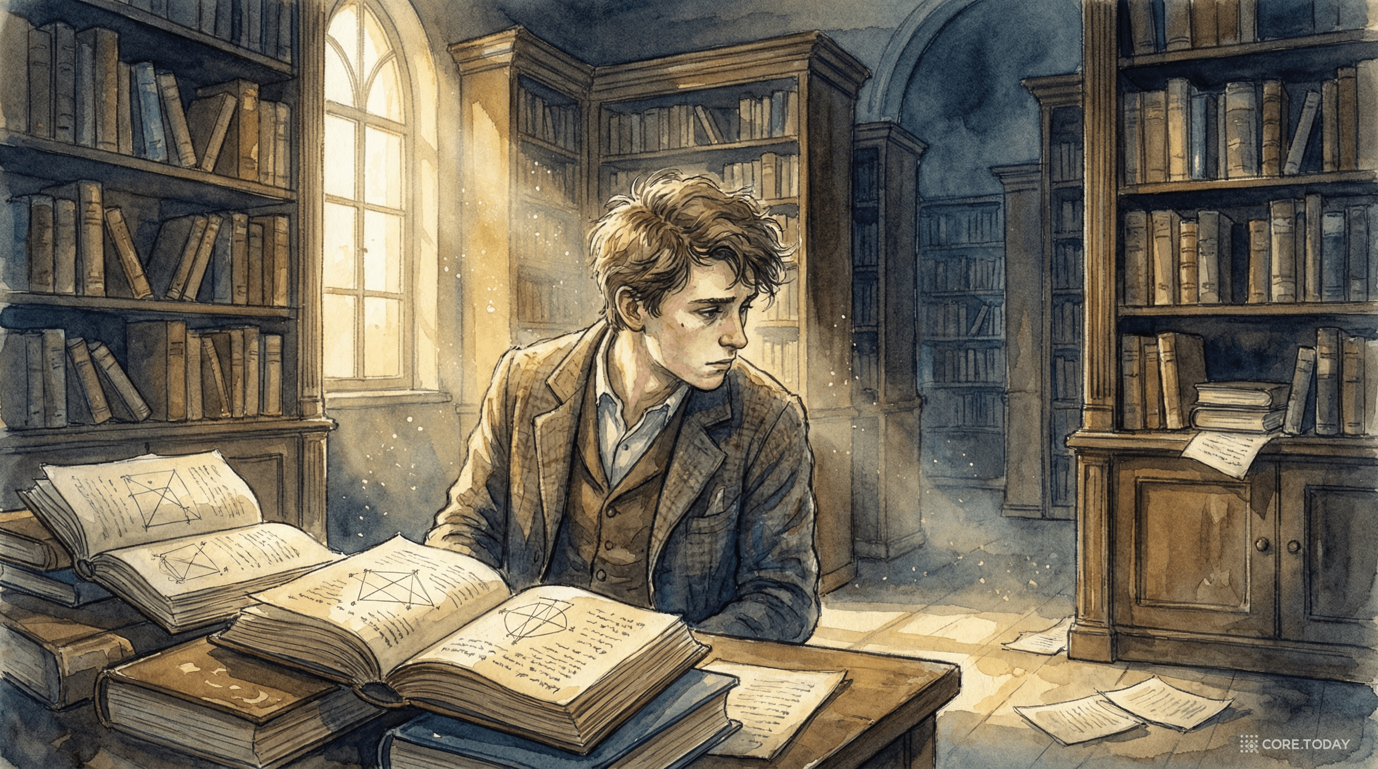 도서관에서 홀로 수학책에 몰두하는 젊은 청년 — 월터 피츠에게 바치는 일러스트