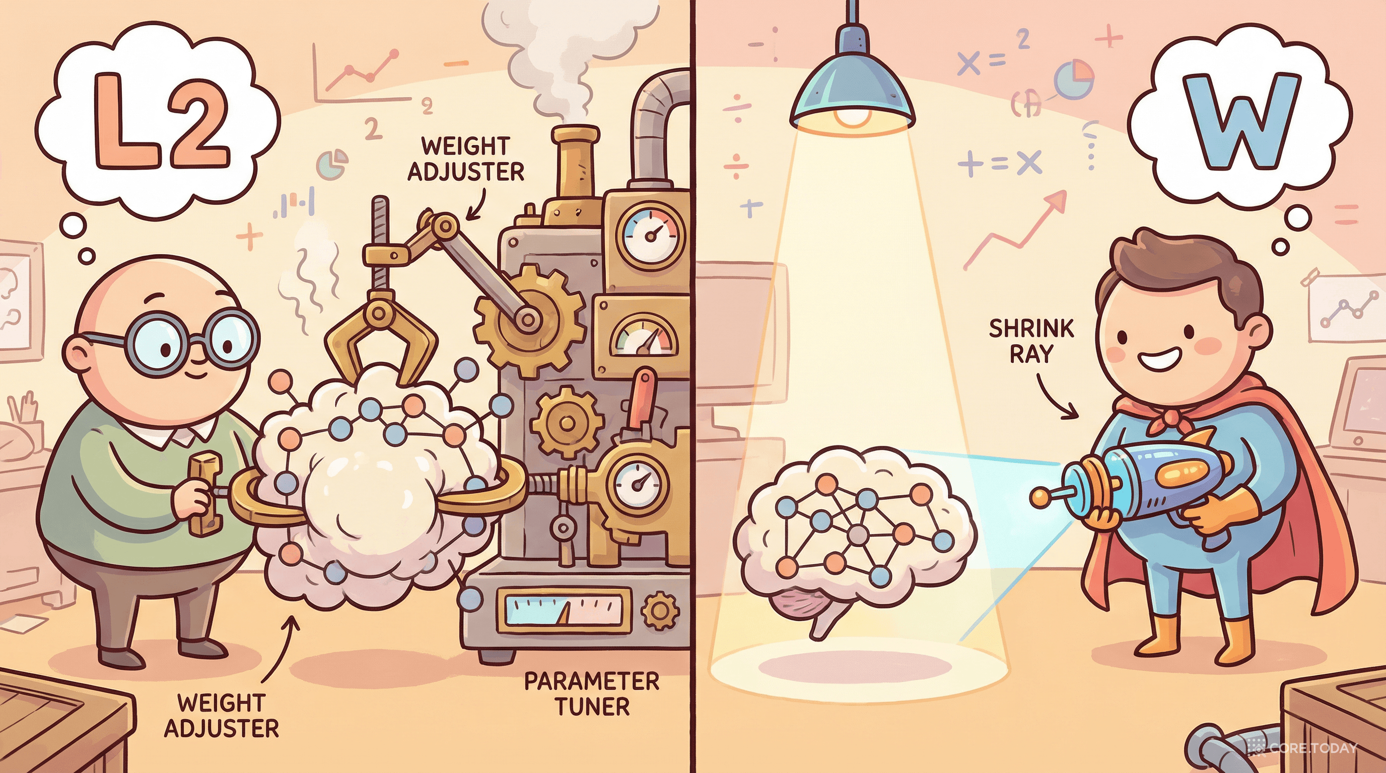 L2 정규화(복잡한 기계로 불균일하게 조절) vs AdamW(균일한 축소 광선)