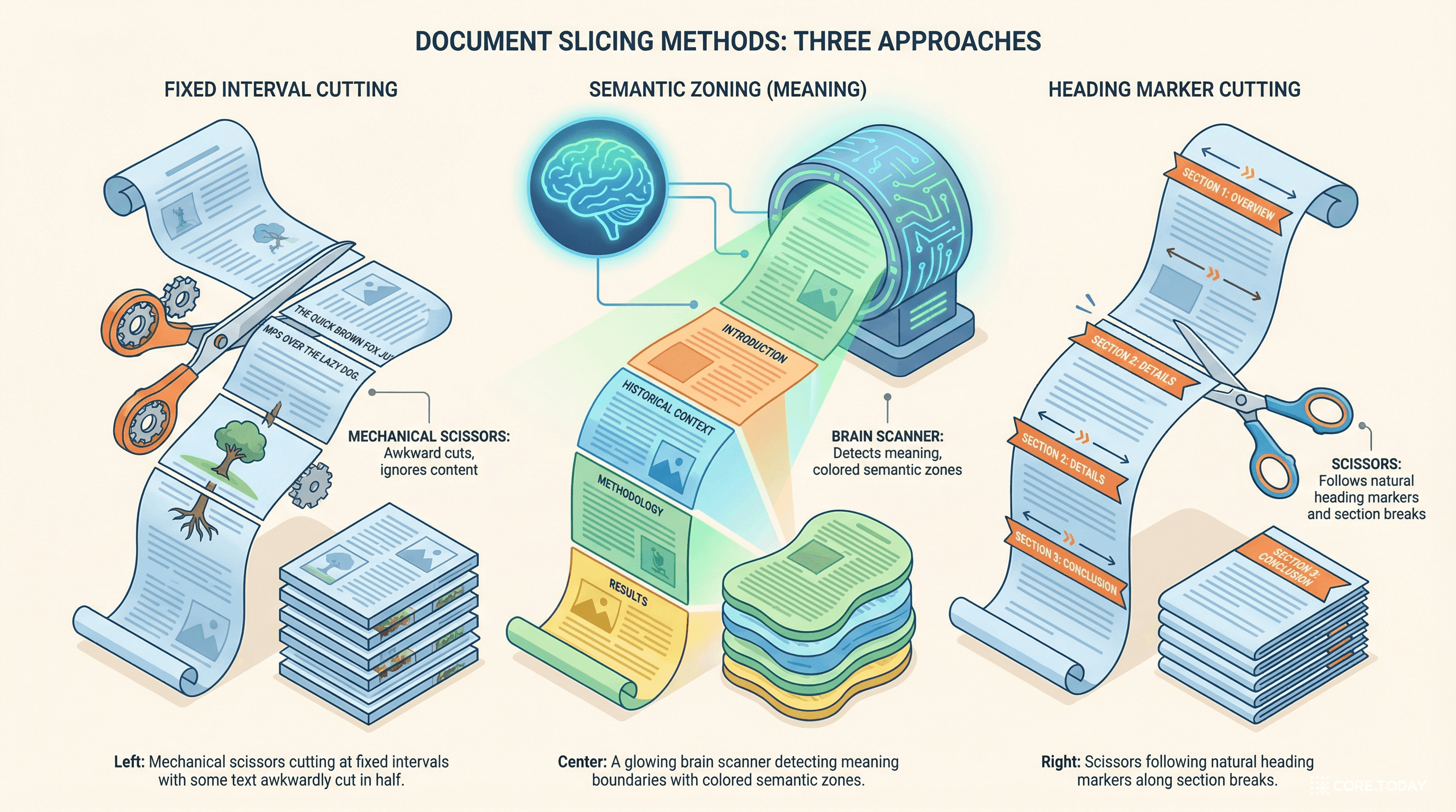 문서를 쪼개는 세 가지 방법 — 고정 크기, 의미 기반, 구조 기반 청킹을 비교하는 인포그래픽