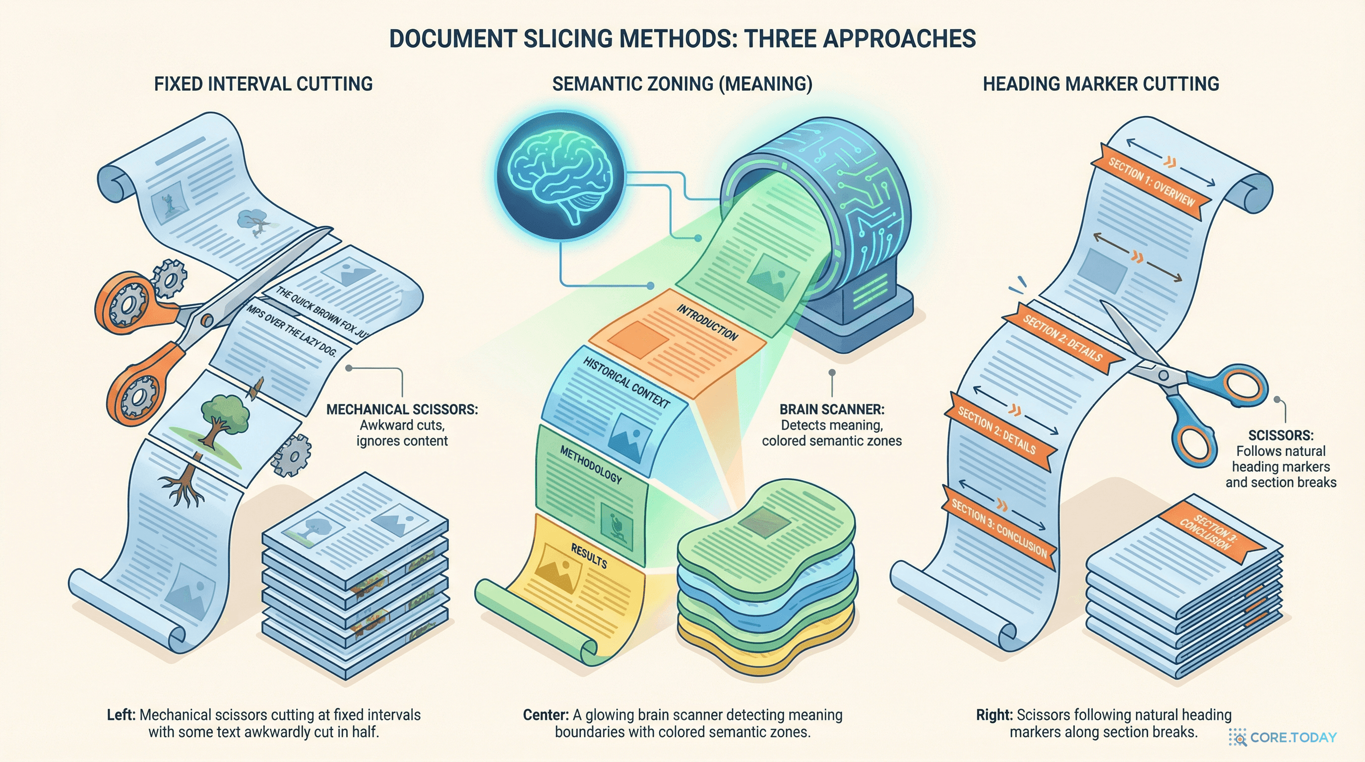 문서를 쪼개는 세 가지 방법 — 고정 크기, 의미 기반, 구조 기반 청킹을 비교하는 인포그래픽