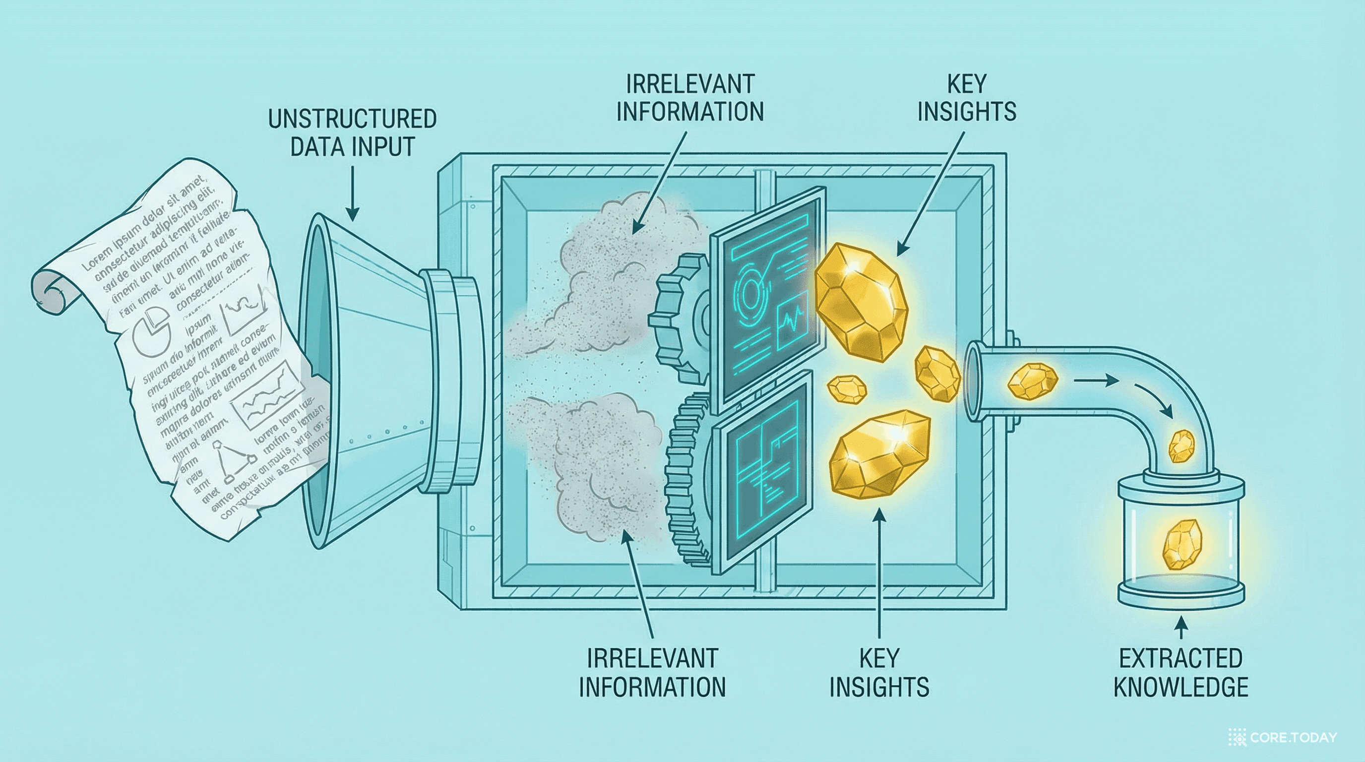 컨텍스트 압축 — 비정형 데이터에서 불필요한 정보를 걸러내고 핵심 인사이트(금 덩어리)만 추출하는 과정