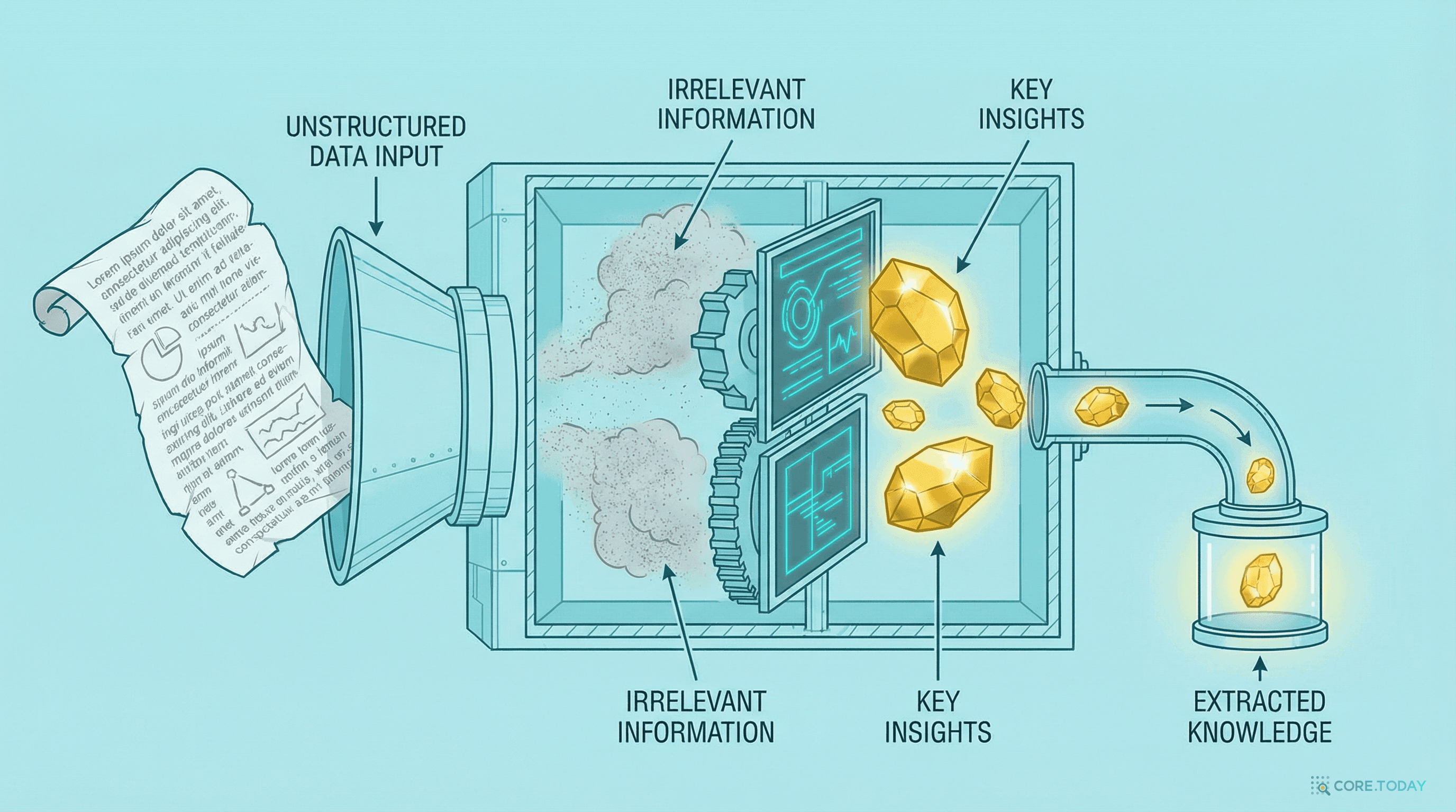 컨텍스트 압축 — 비정형 데이터에서 불필요한 정보를 걸러내고 핵심 인사이트(금 덩어리)만 추출하는 과정