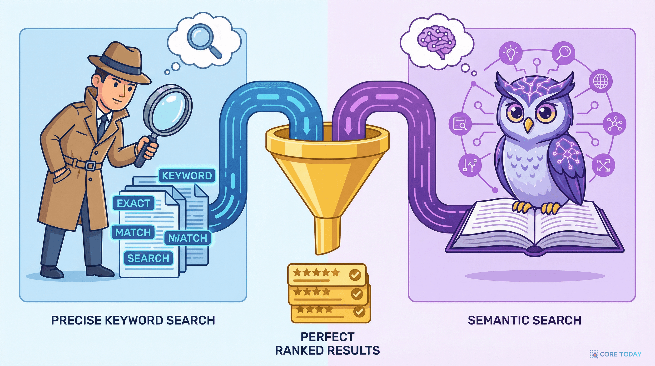 하이브리드 검색 — 탐정(키워드 검색)과 부엉이(의미 검색)가 협력하여 완벽한 검색 결과를 만들어내는 모습