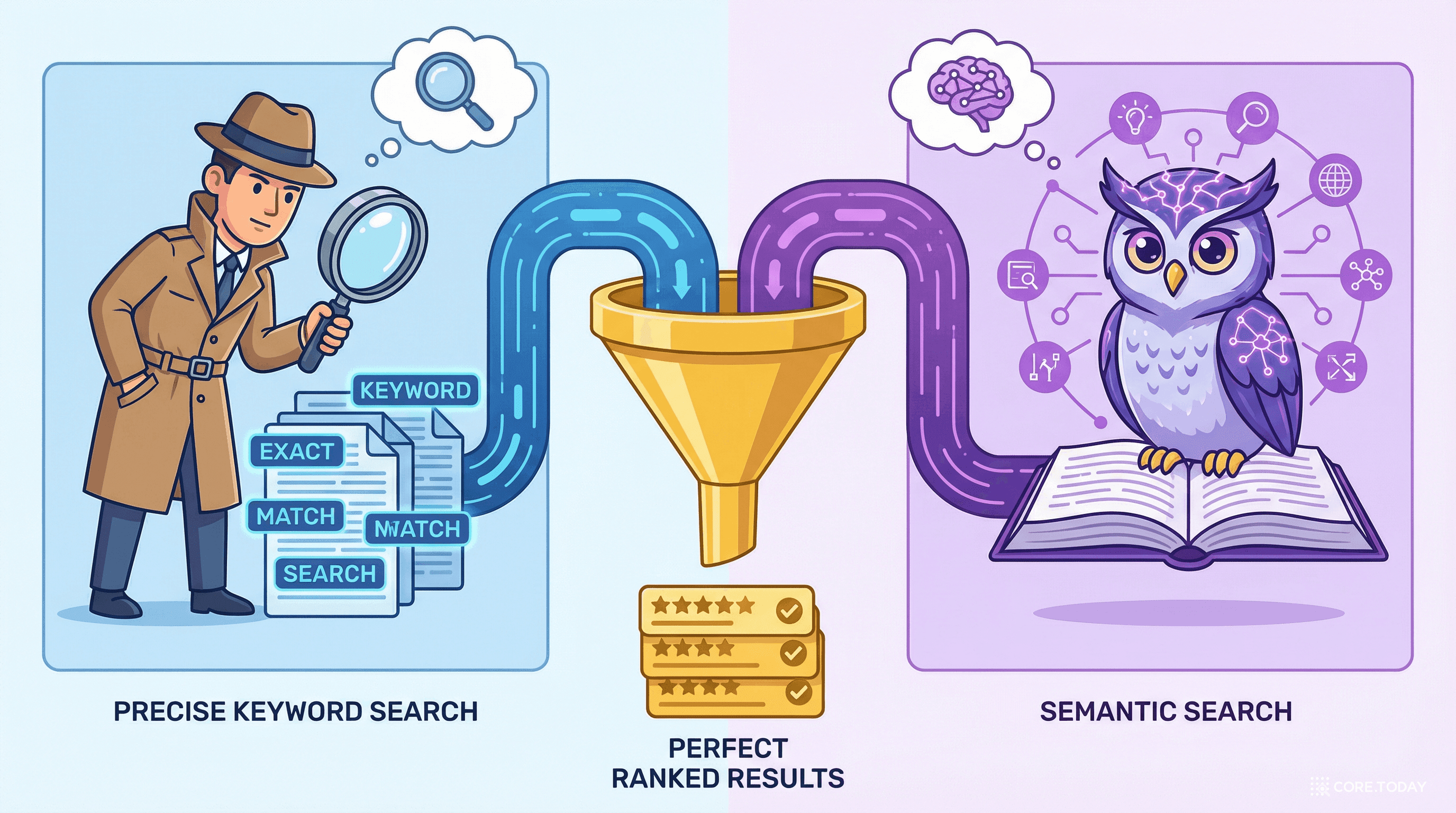 하이브리드 검색 — 탐정(키워드 검색)과 부엉이(의미 검색)가 협력하여 완벽한 검색 결과를 만들어내는 모습