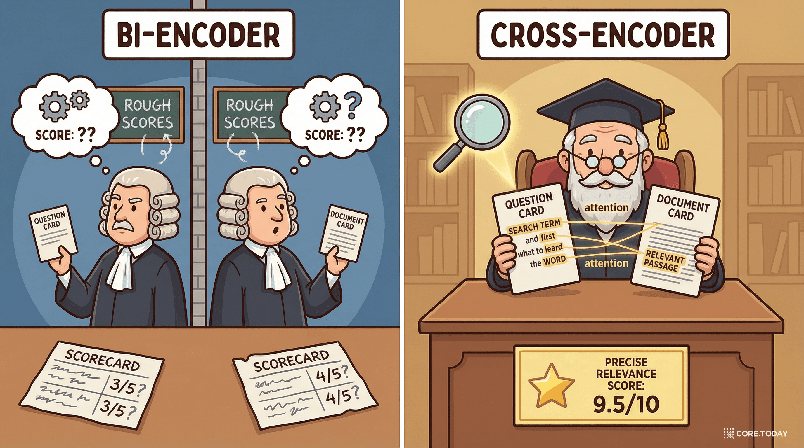 Bi-Encoder vs Cross-Encoder — 각각 독립적으로 채점하는 두 심사위원 vs 질문과 문서를 함께 꼼꼼히 읽는 교수님