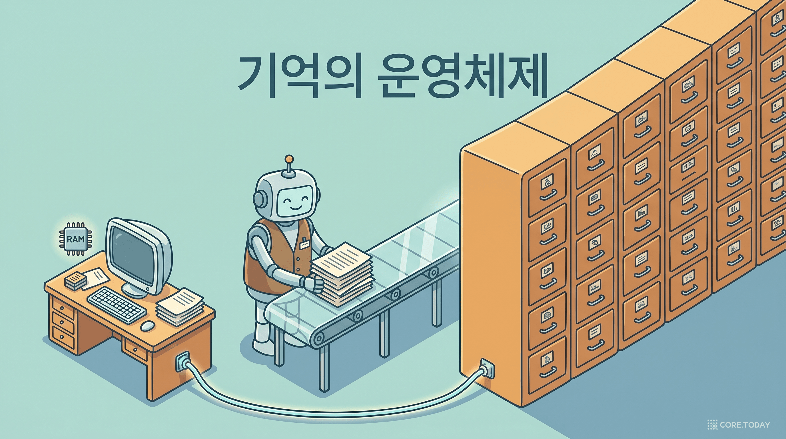작은 책상(RAM=맥락창)과 거대한 기록보관소(외부 메모리) 사이를 오가며 페이징하는 기억의 운영체제