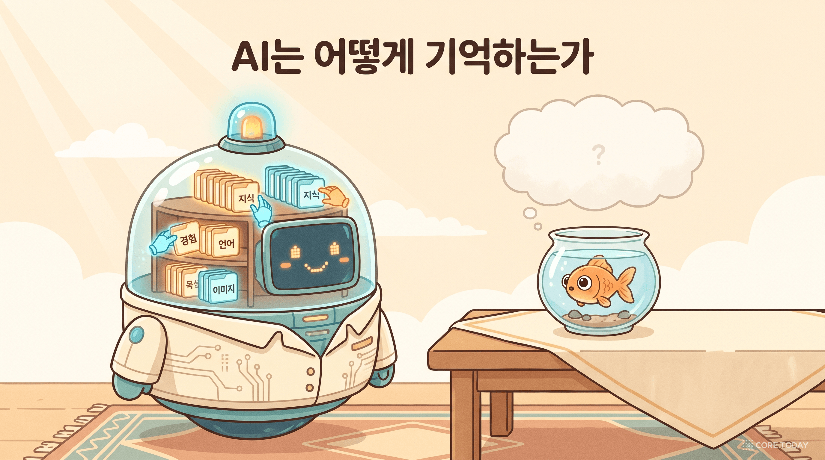 기억을 차곡차곡 정리하는 AI 로봇과, 금방 잊어버리는 금붕어의 대비