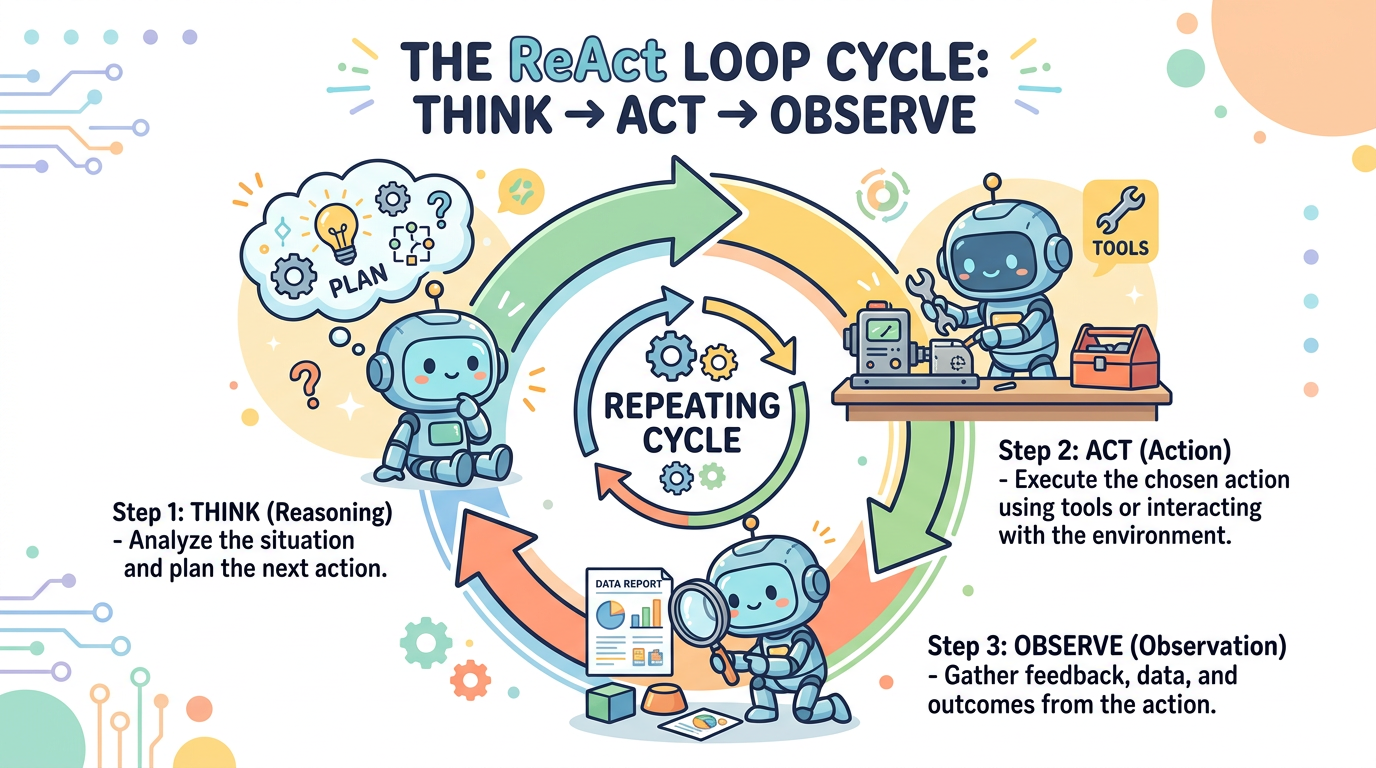 ReAct 루프 — Think(추론) → Act(행동) → Observe(관찰)의 반복 사이클