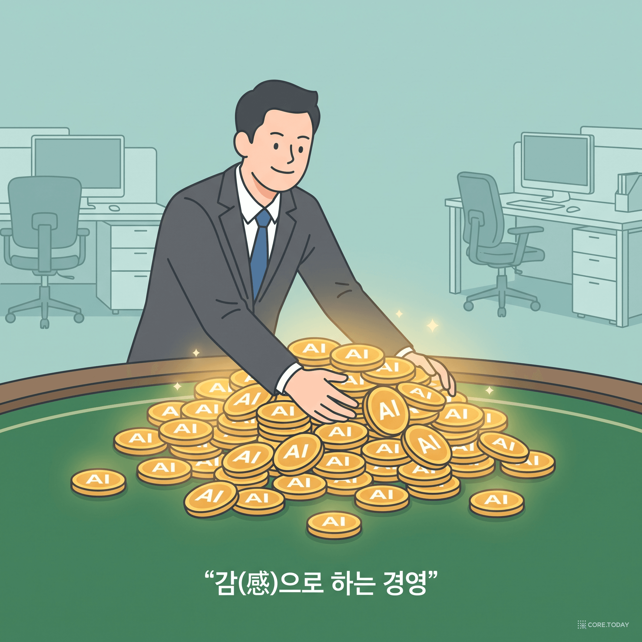 감(感)으로 하는 경영 — 경영자가 카지노 테이블에서 'AI' 칩을 몽땅 밀어 넣는 풍자 카툰