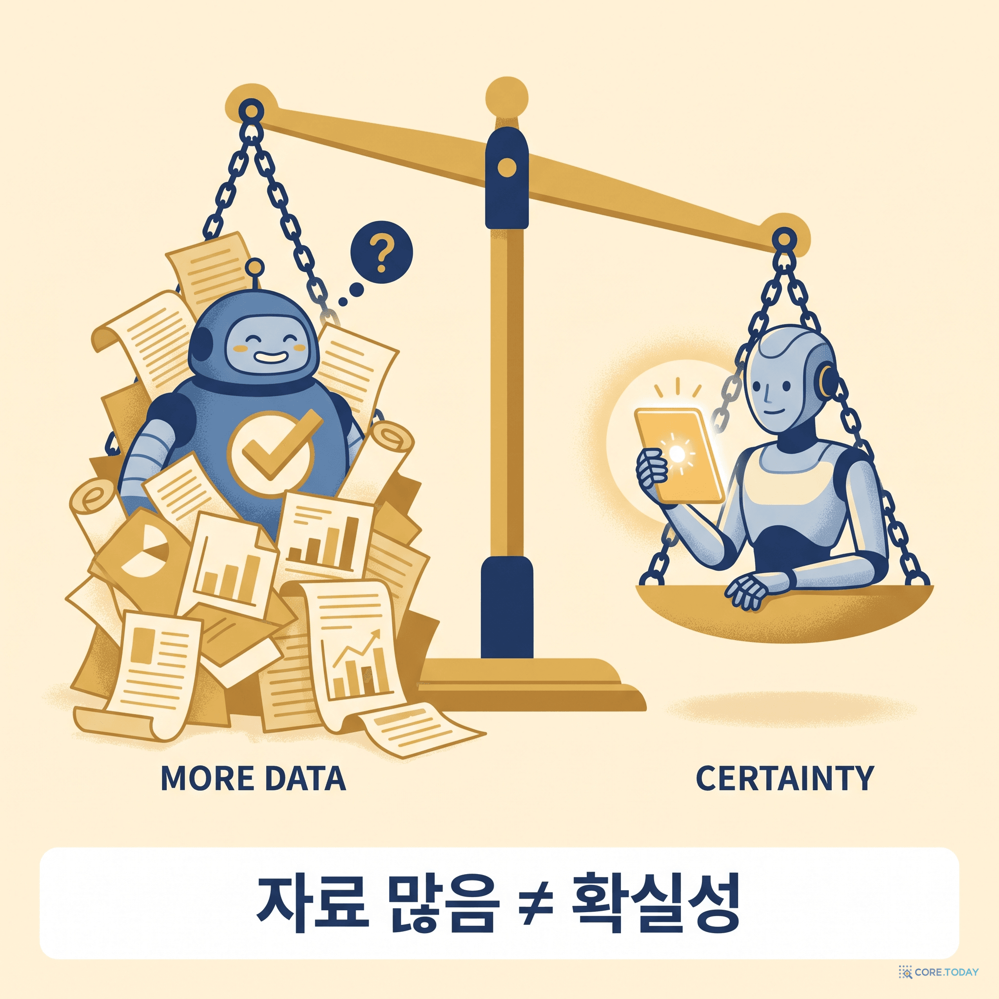 자료 많음 ≠ 확실성 — 데이터 더미에 파묻힌 로봇 vs 본질 카드 한 장을 든 로봇