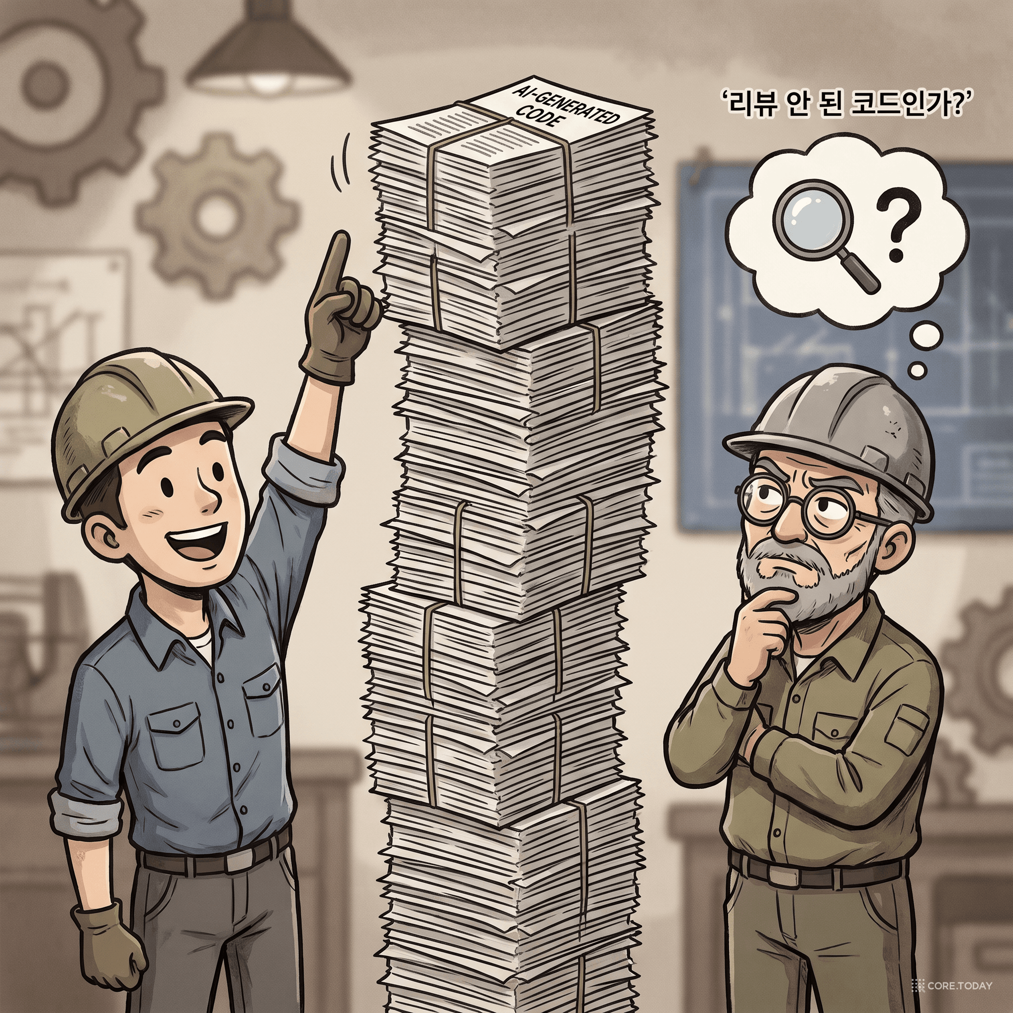 AI 코드 리뷰 논쟁 — 두 엔지니어가 생성된 코드 더미를 앞에 두고 다른 관점으로 마주 본다