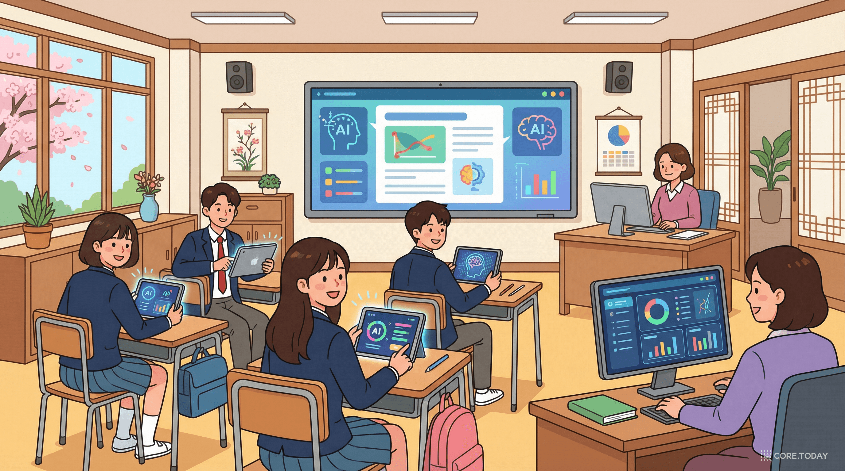 한국 교실의 AI 디지털교과서 — 태블릿과 AI 대시보드가 있는 미래형 교실