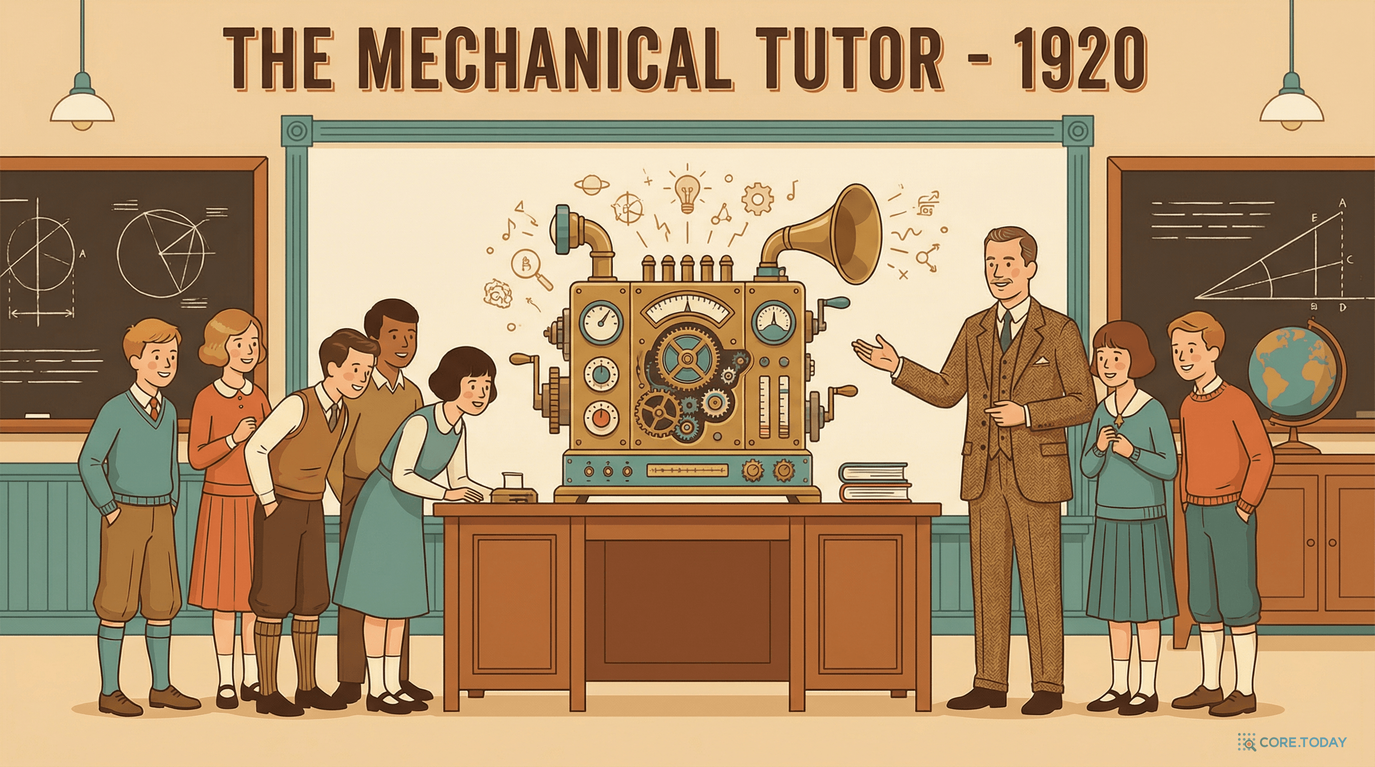 1920년대 교실의 자동 교수 기계 — 교육 기술의 시작