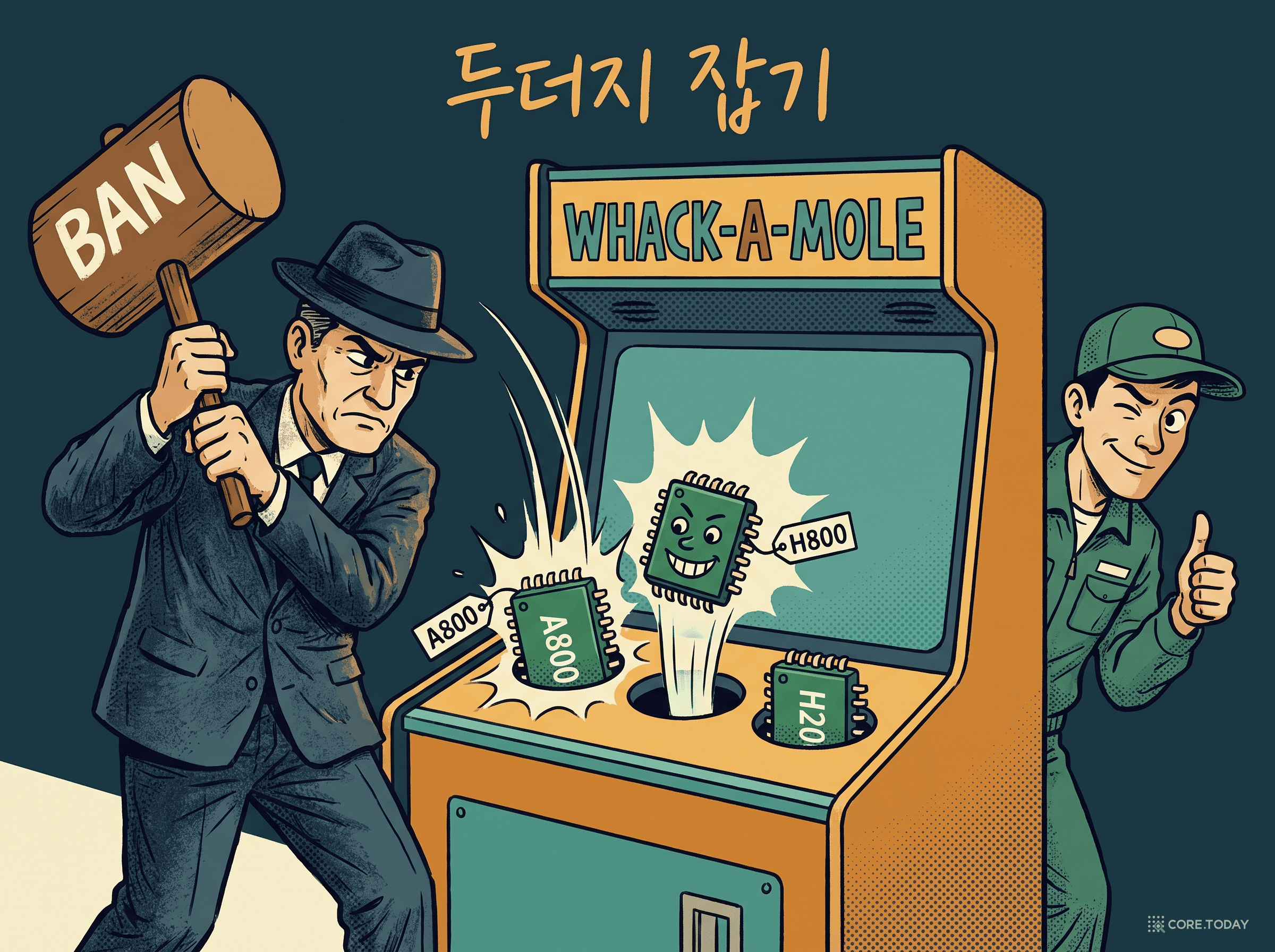 규제 당국이 'BAN'이라 적힌 망치를 든 두더지 잡기 게임. A800·H800·H20 칩 두더지가 번갈아 튀어나오고, 초록 모자를 쓴 엔지니어가 뒤에서 윙크한다