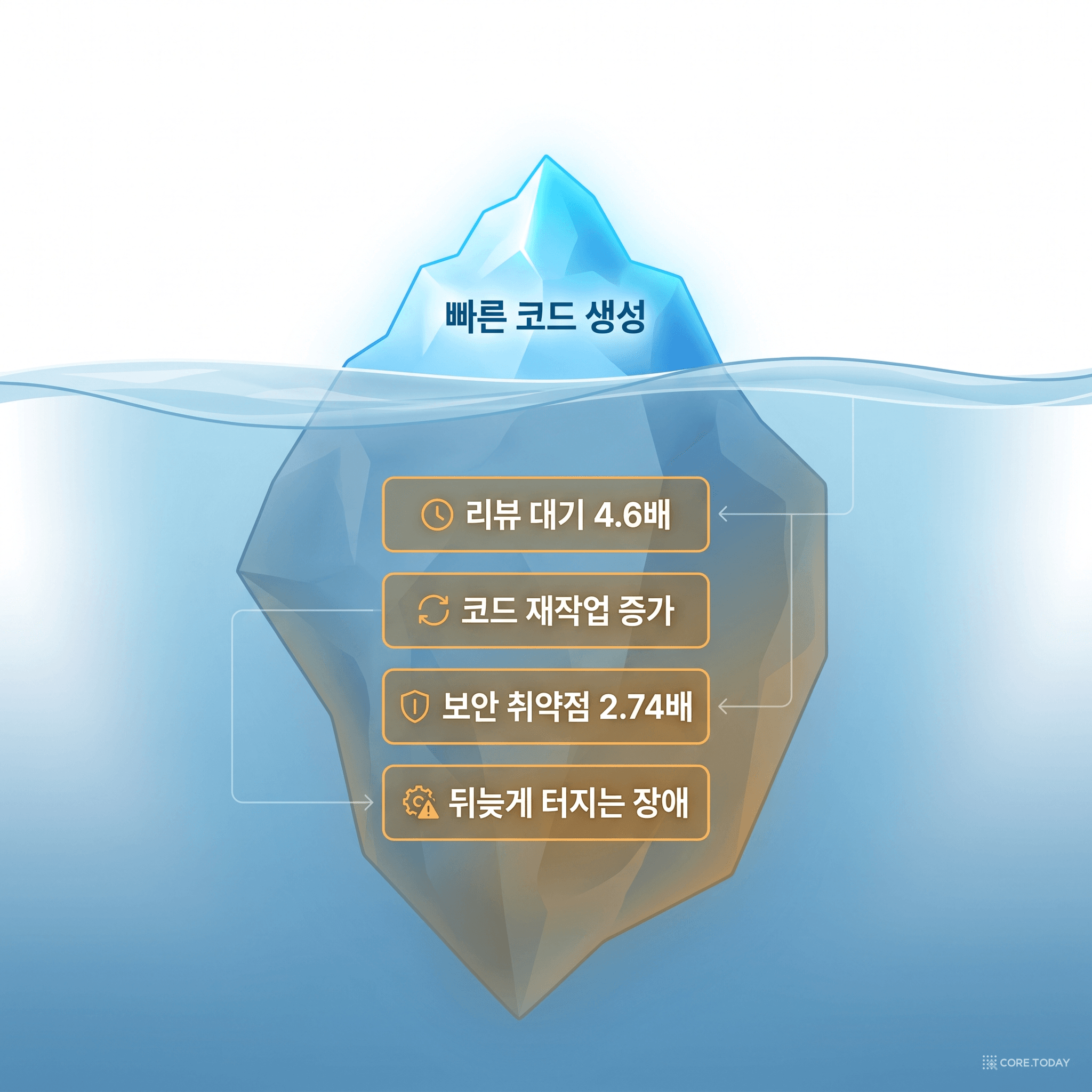 빙산 — 수면 위의 '빠른 생성' 아래에 훨씬 큰 비용이 잠겨 있다