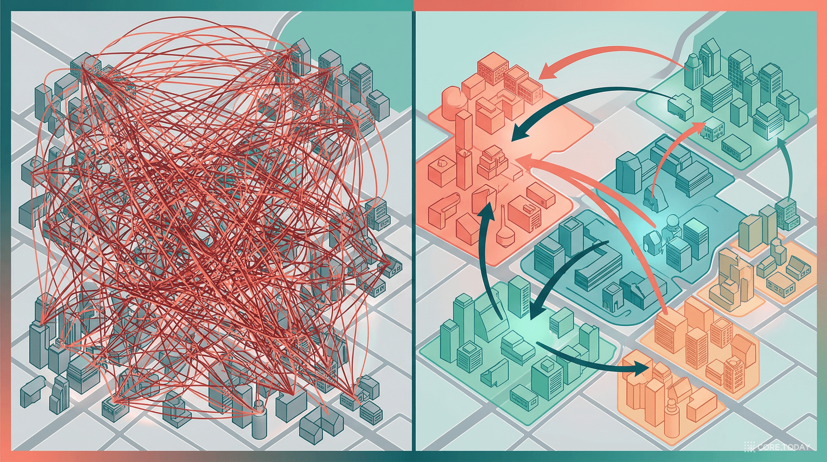 어텐션(왼쪽): 모든 건물 쌍을 연결하면 혼란 / 그래스만(오른쪽): 동네로 묶으면 구조가 보인다