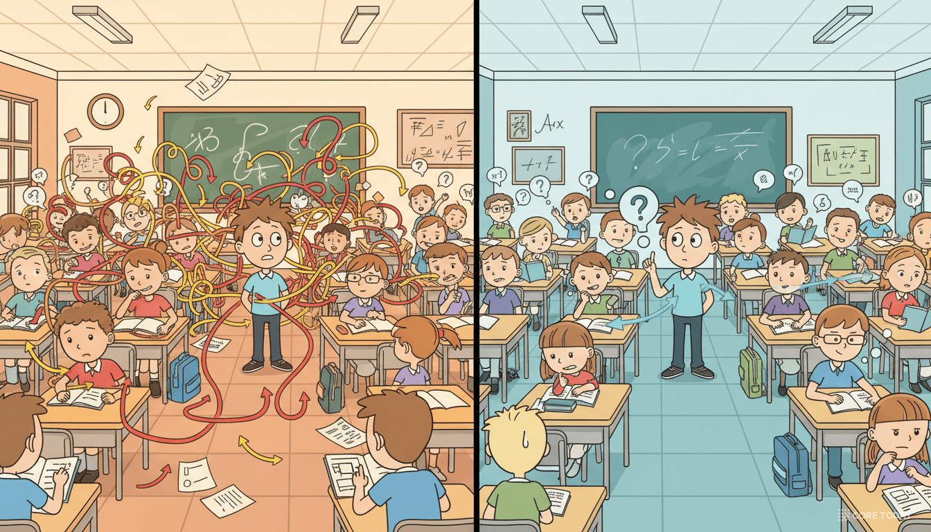 왼쪽 교실: 모든 학생에게 동시에 질문(어텐션) / 오른쪽 교실: 가까운 친구에게만 체계적으로 질문(그래스만)