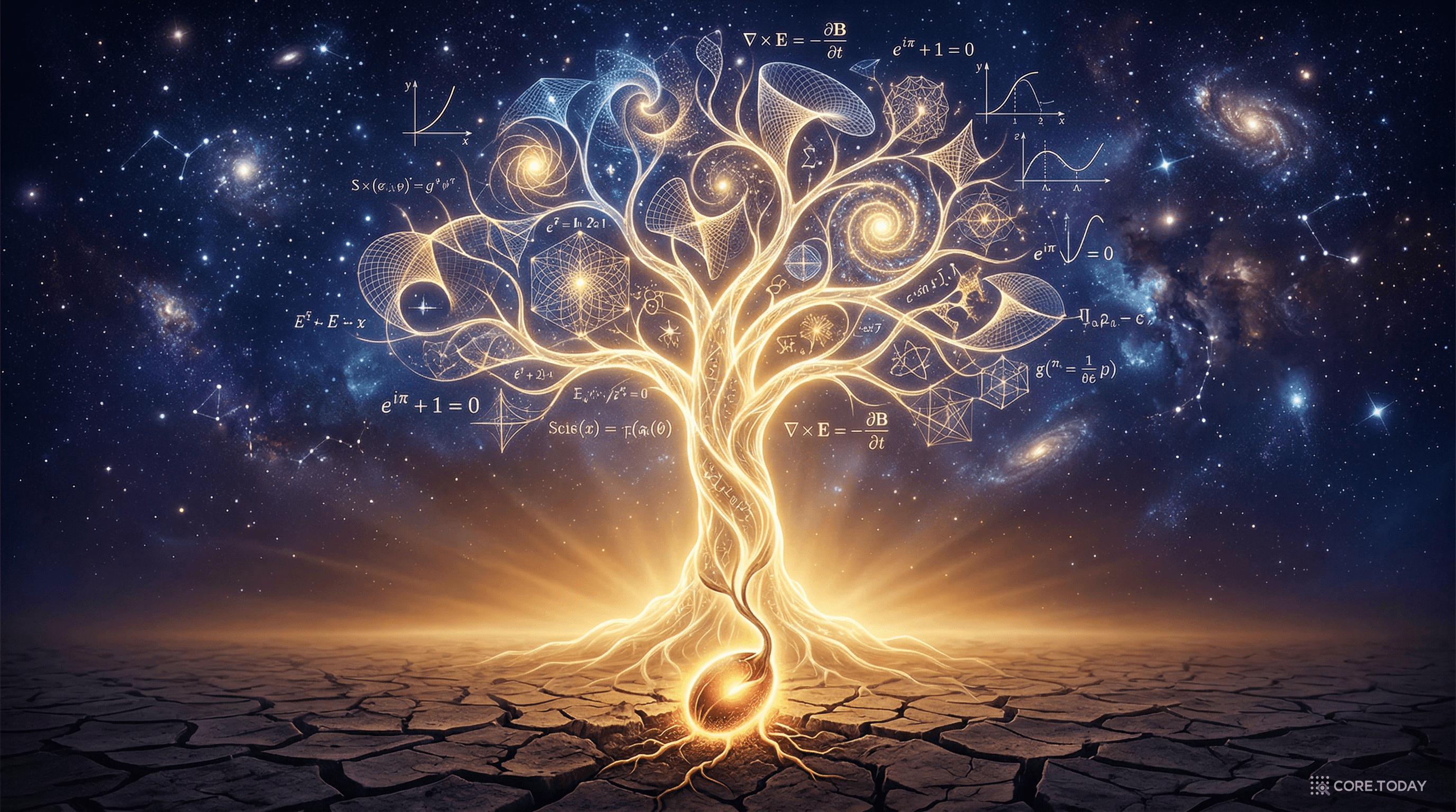 새로운 패러다임의 씨앗 — 갈라진 땅에서 수학적 곡선과 기하학으로 이루어진 지식의 나무가 자라난다