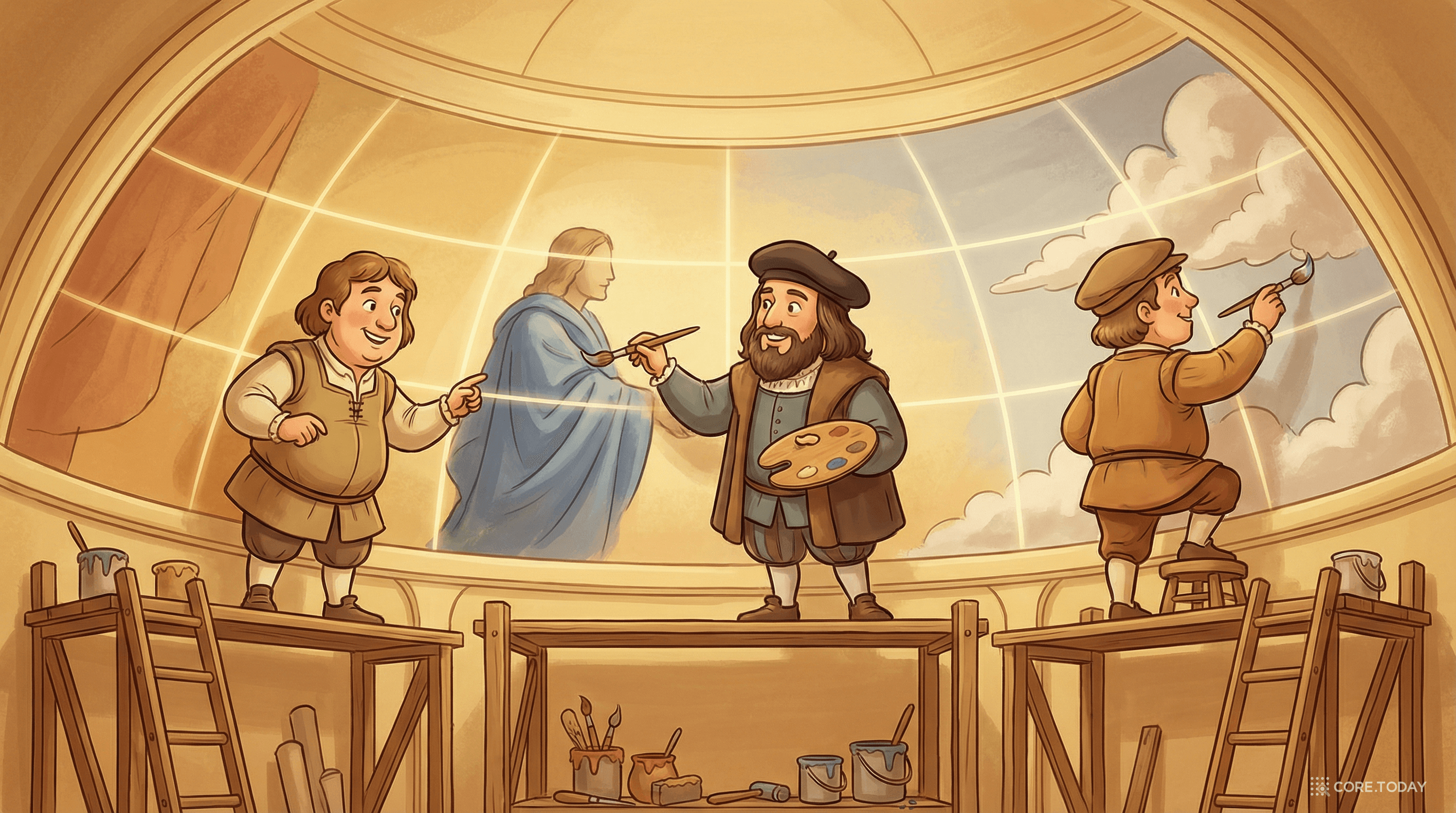 프레스코 화가들이 벽화를 구역별로 나눠 그리는 장면