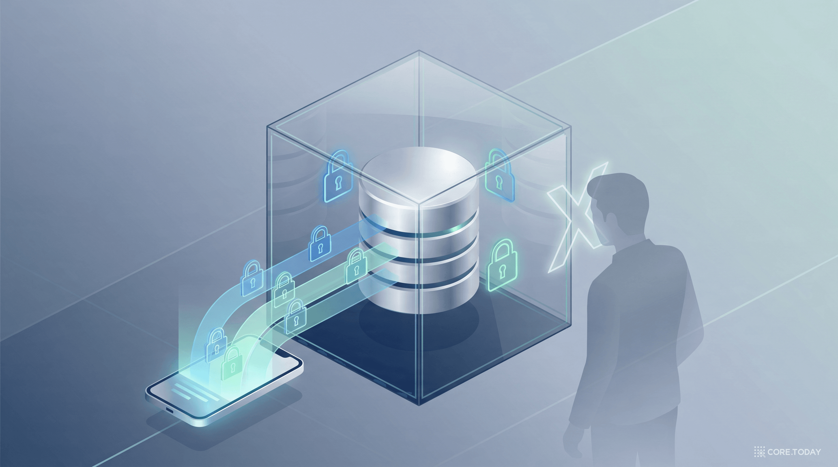 Private Cloud Compute 프라이버시 일러스트 — 잠긴 유리 금고 안의 서버, 암호화되어 들어가는 데이터, 바깥의 사람은 들여다볼 수 없음