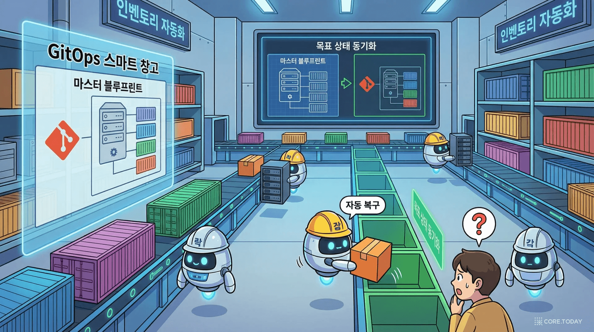 GitOps를 자동화된 스마트 창고로 비유한 일러스트