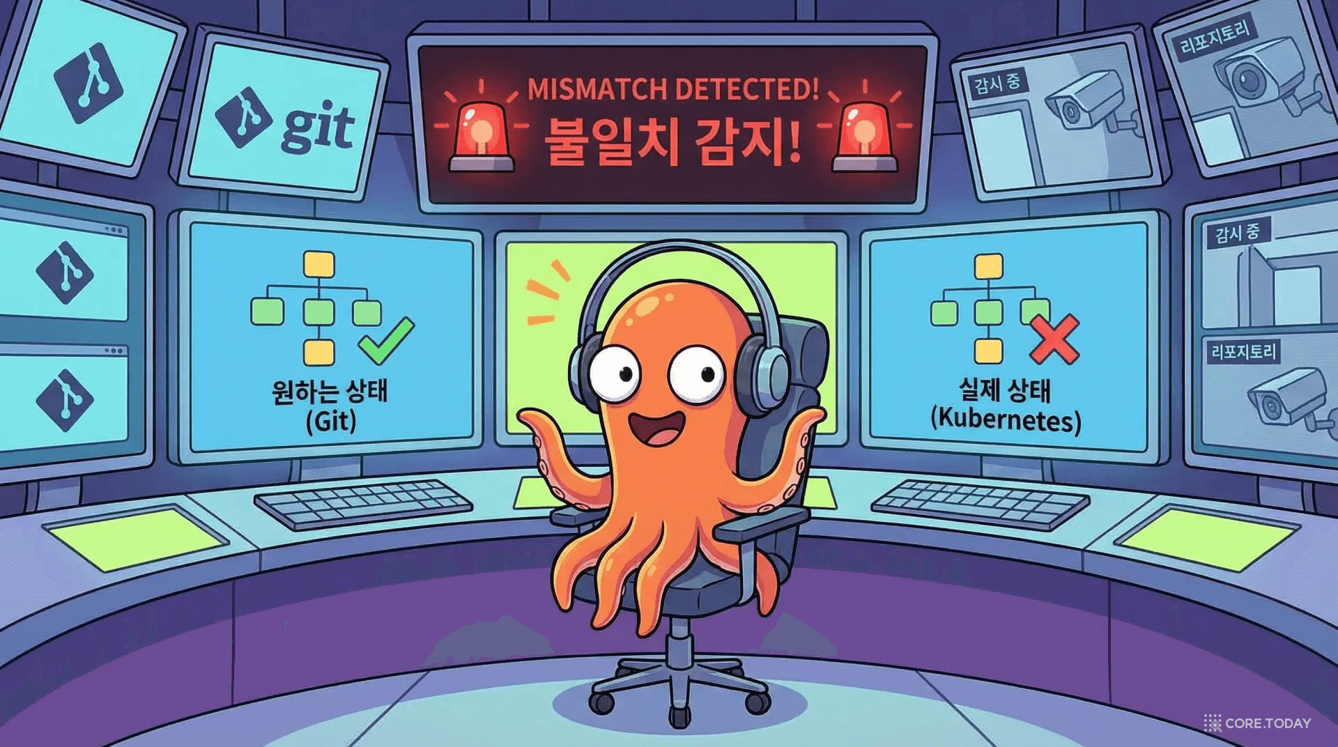 ArgoCD가 Git 저장소를 보안 카메라처럼 감시하는 일러스트