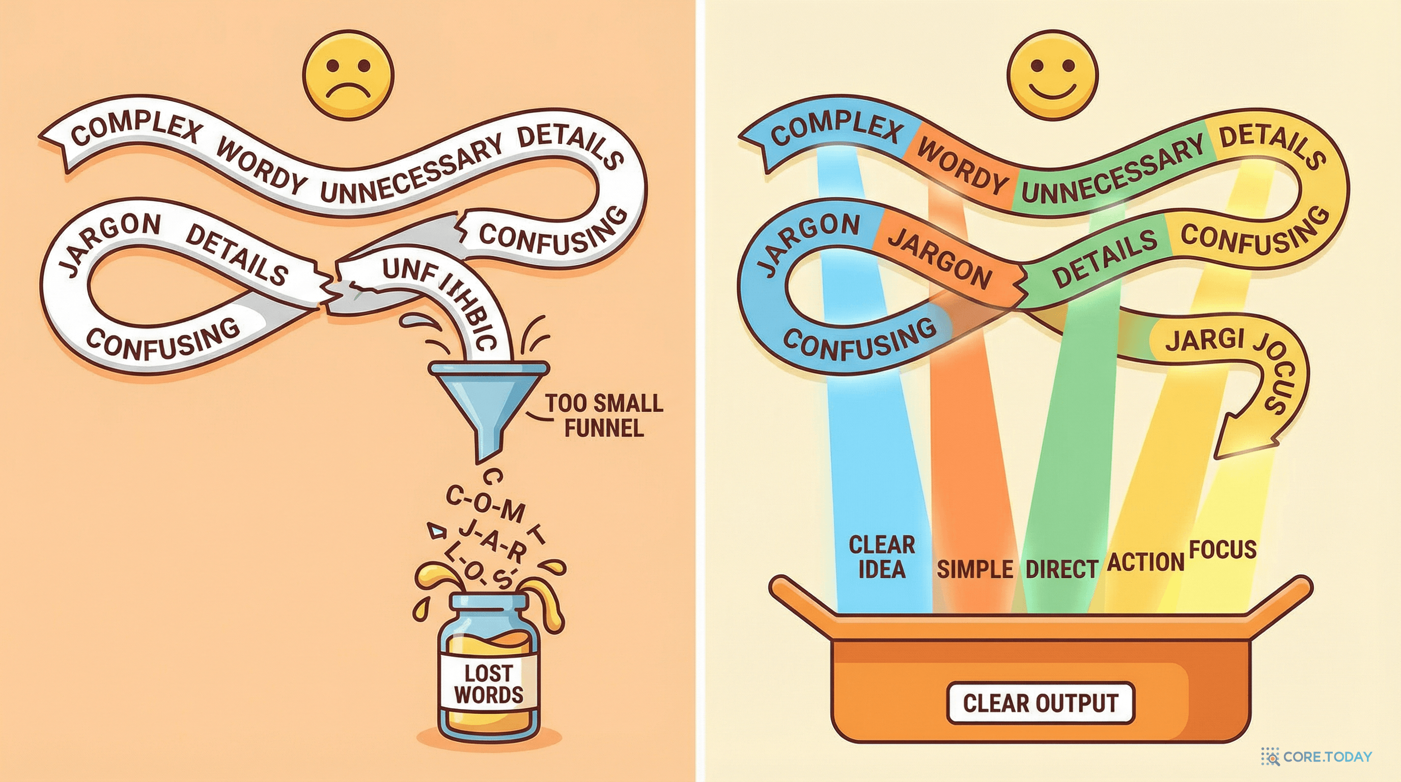 정보 병목 vs. 어텐션: 좁은 깔때기를 통과하며 정보가 손실되는 것(왼쪽)과 직접 연결로 정보를 보존하는 것(오른쪽)
