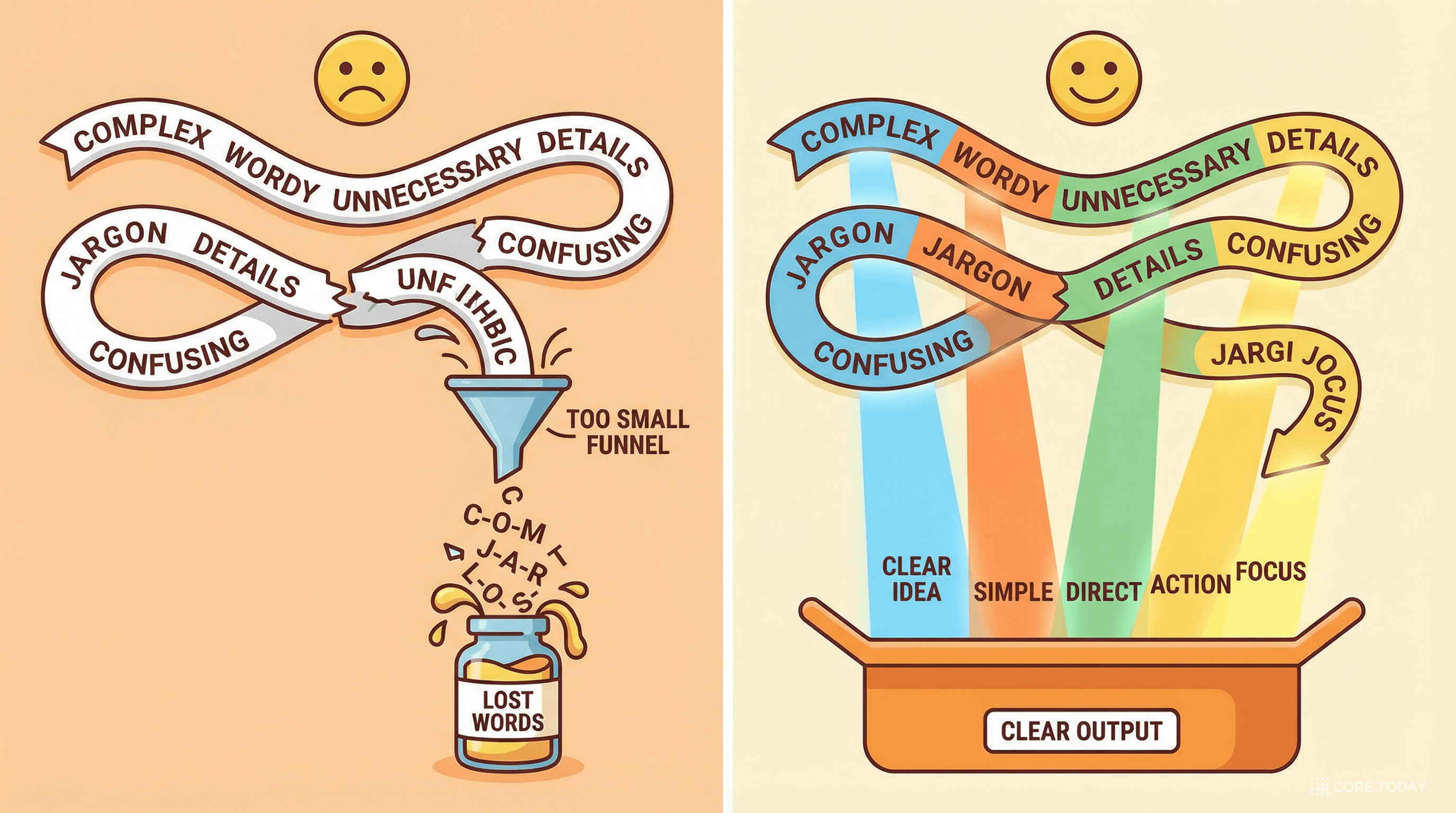 정보 병목 vs. 어텐션: 좁은 깔때기를 통과하며 정보가 손실되는 것(왼쪽)과 직접 연결로 정보를 보존하는 것(오른쪽)