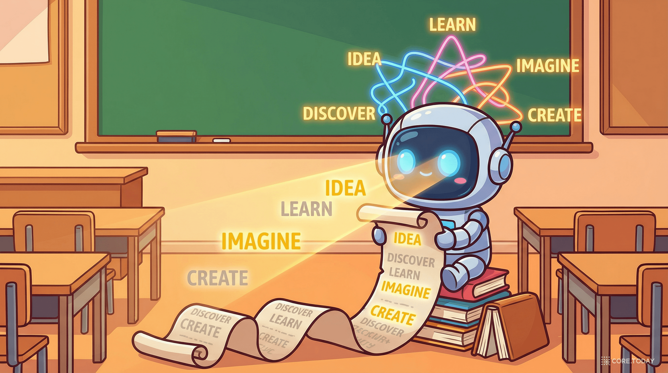 로봇이 긴 두루마리를 읽으며 중요한 단어에 스포트라이트를 비추는 모습