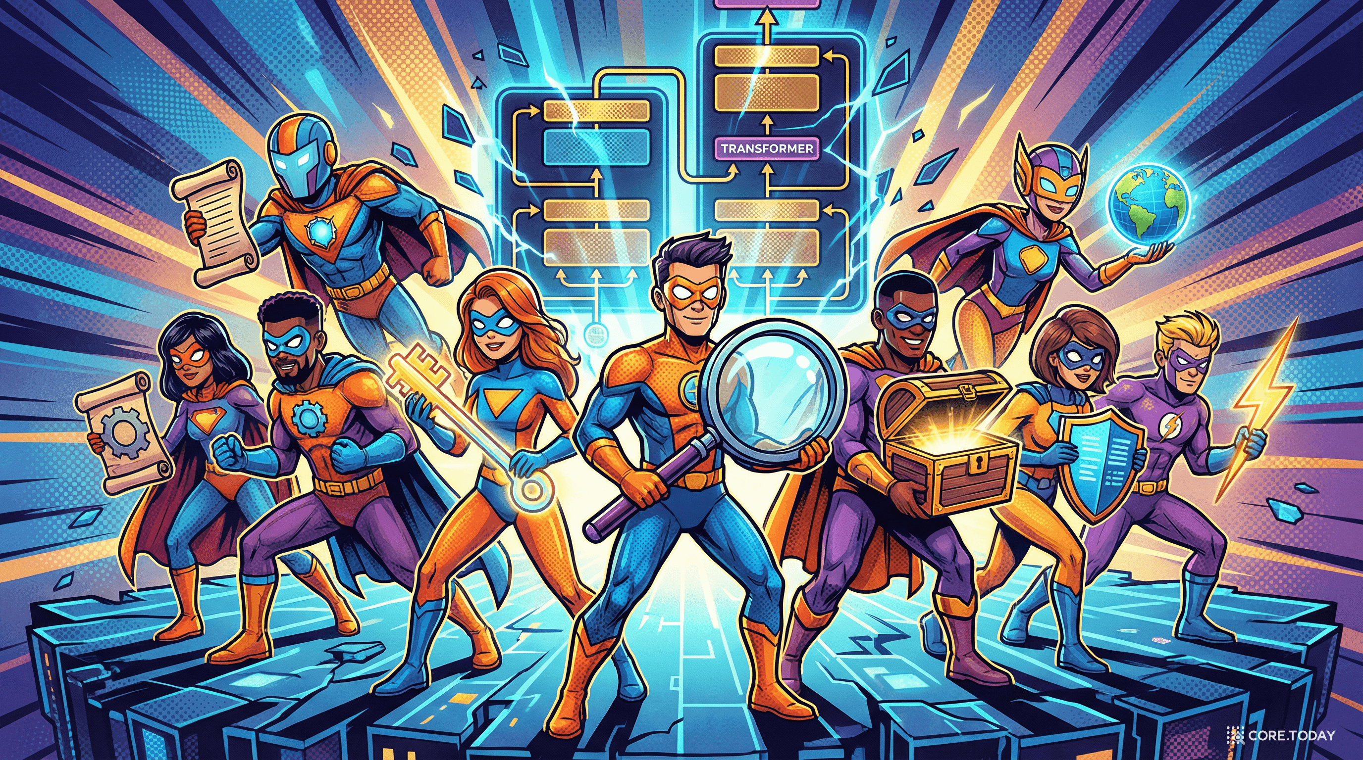 트랜스포머 아키텍처 앞에 선 8명의 연구자들 — Query, Key, Value를 상징하는 아이템을 들고 있다