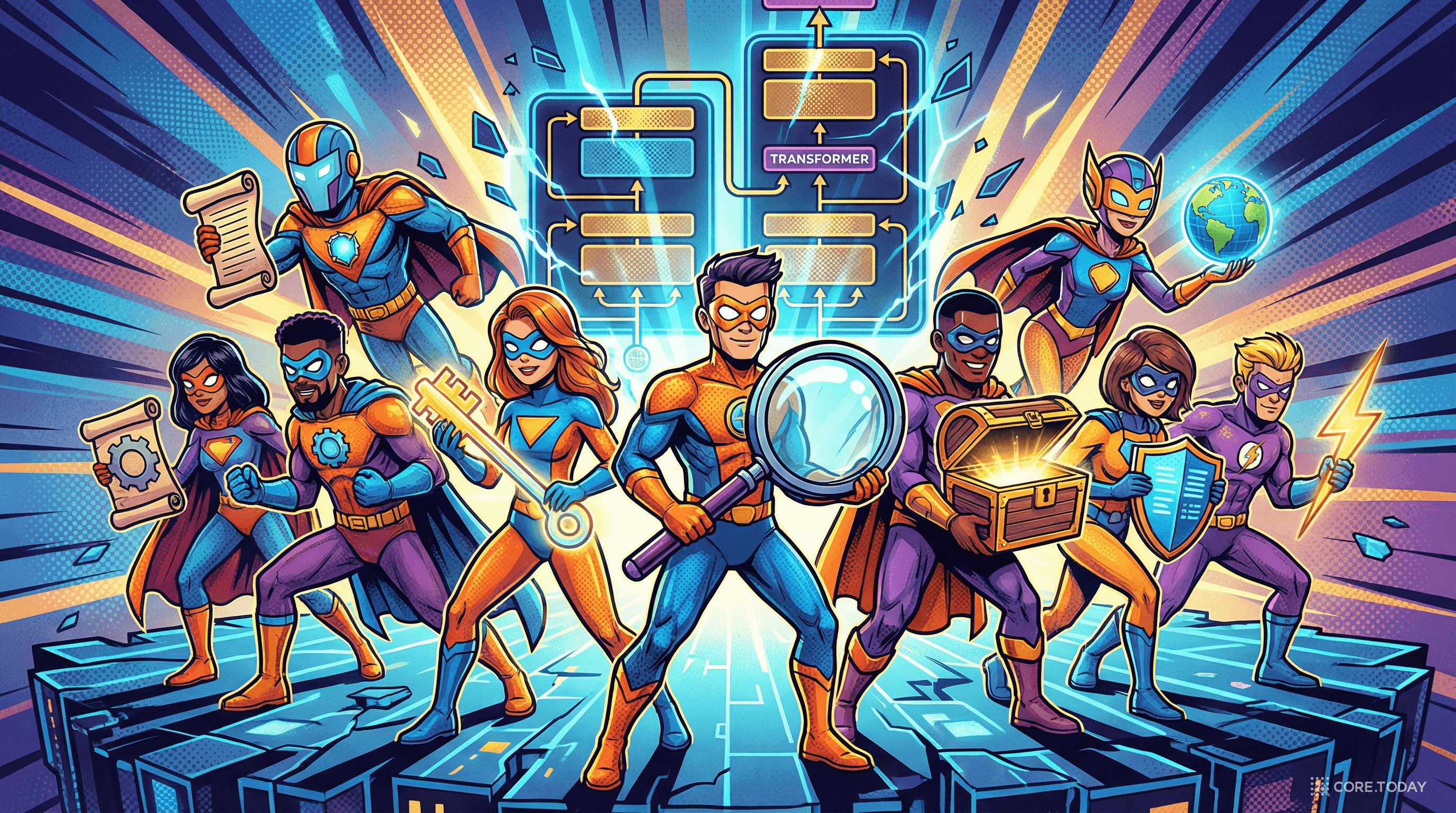 트랜스포머 아키텍처 앞에 선 8명의 연구자들 — Query, Key, Value를 상징하는 아이템을 들고 있다