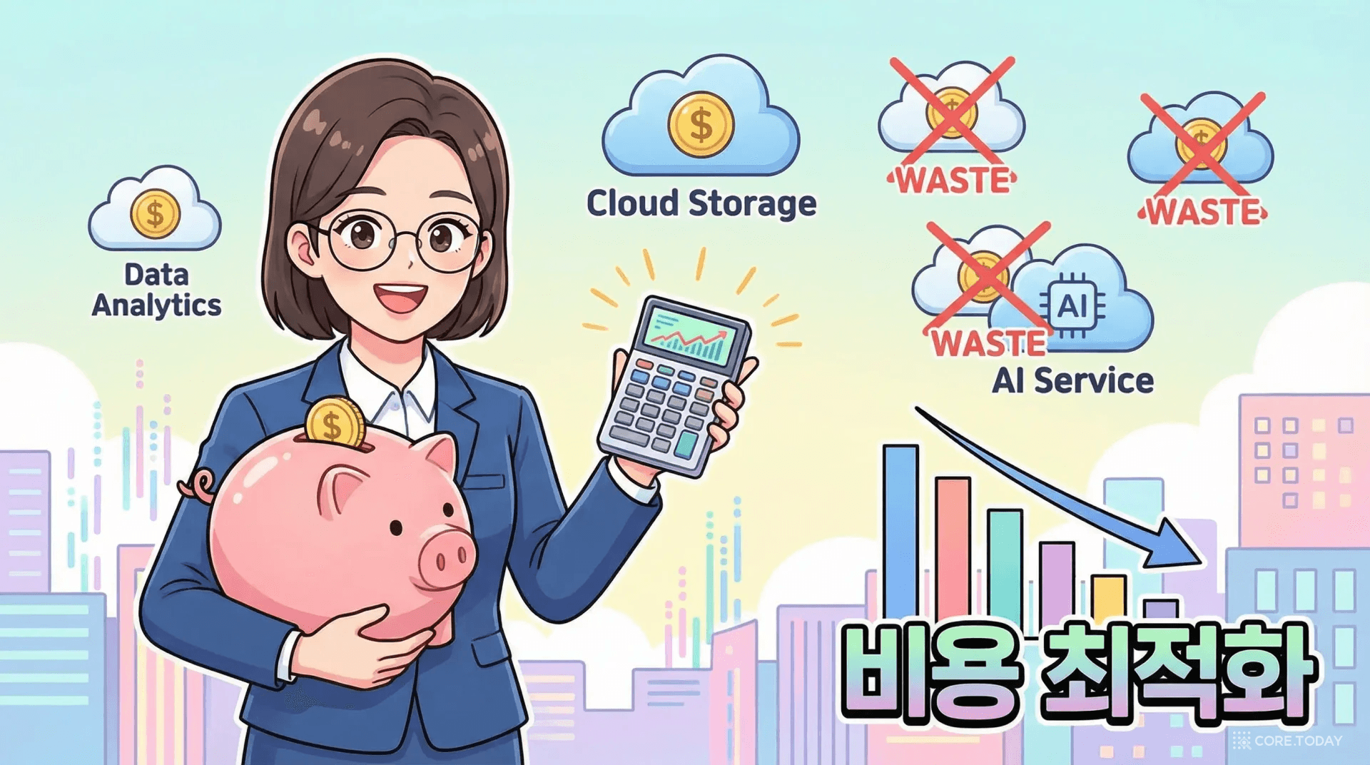 클라우드 비용을 똑똑하게 관리하는 저금통과 계산기를 든 비즈니스 전문가