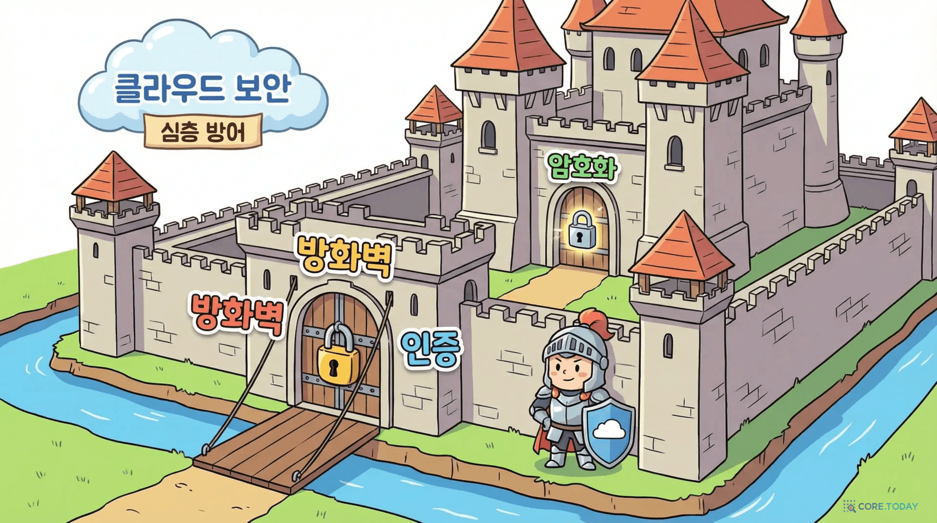보안을 중세 성곽의 해자와 성벽으로 표현한 심층 방어 개념