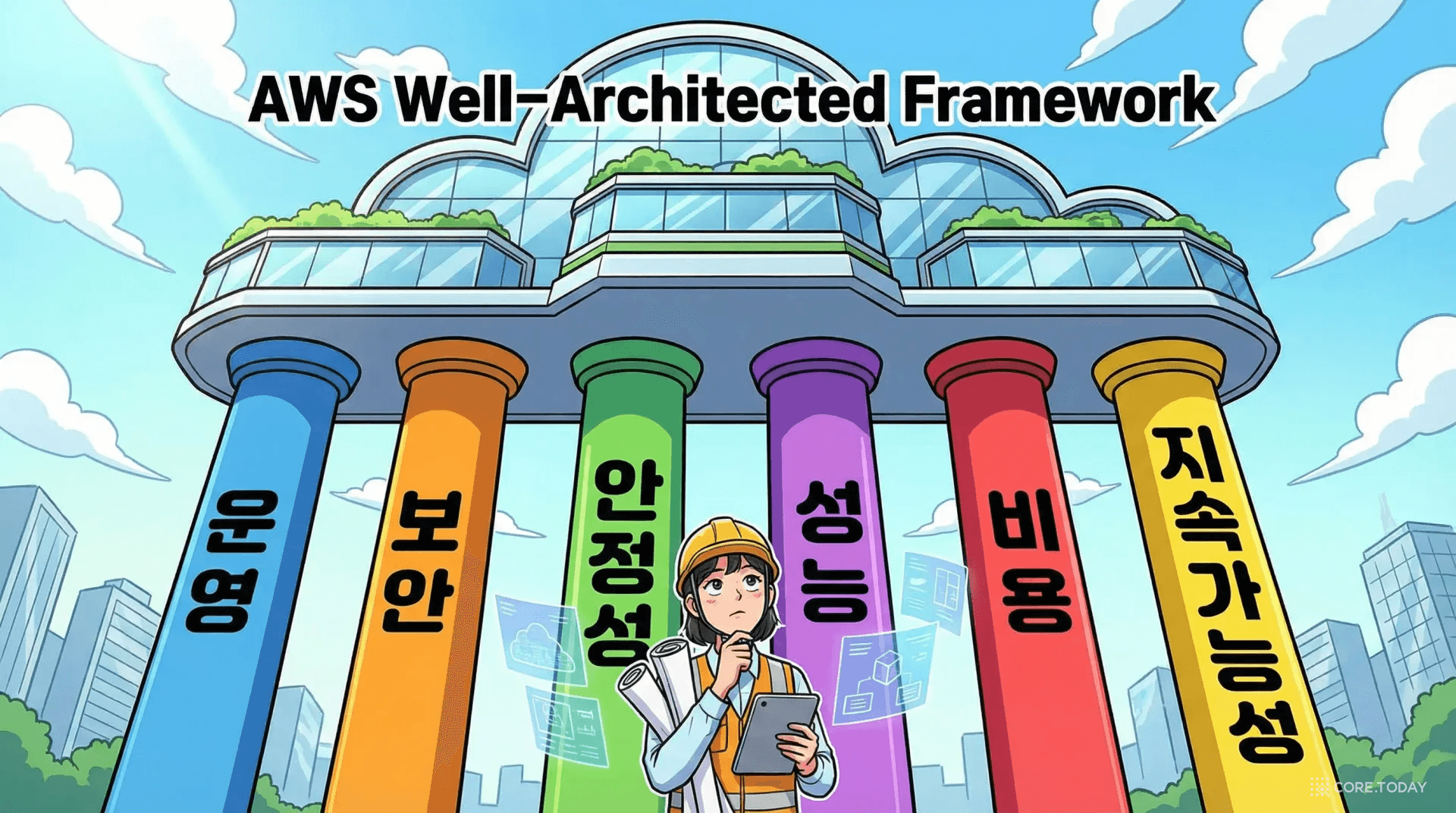 6개의 기둥이 클라우드 건물을 지탱하는 모습 — AWS Well-Architected Framework의 핵심 구조