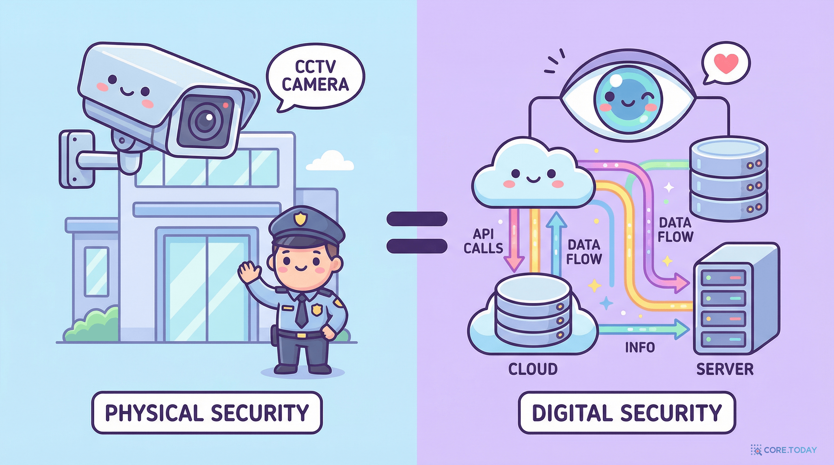 물리적 보안과 디지털 보안을 비교하는 귀여운 일러스트 — 클라우드 보안의 핵심