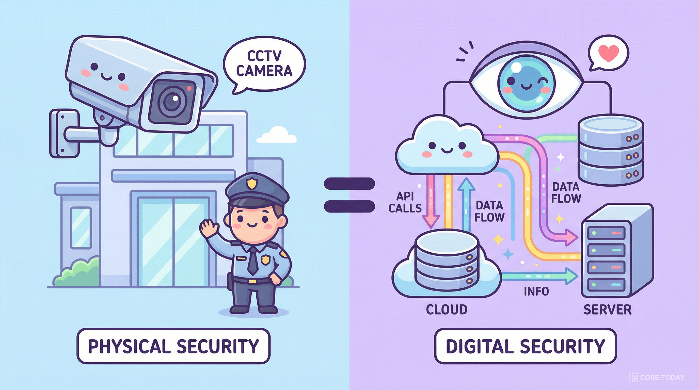 물리적 보안과 디지털 보안을 비교하는 귀여운 일러스트 — 클라우드 보안의 핵심