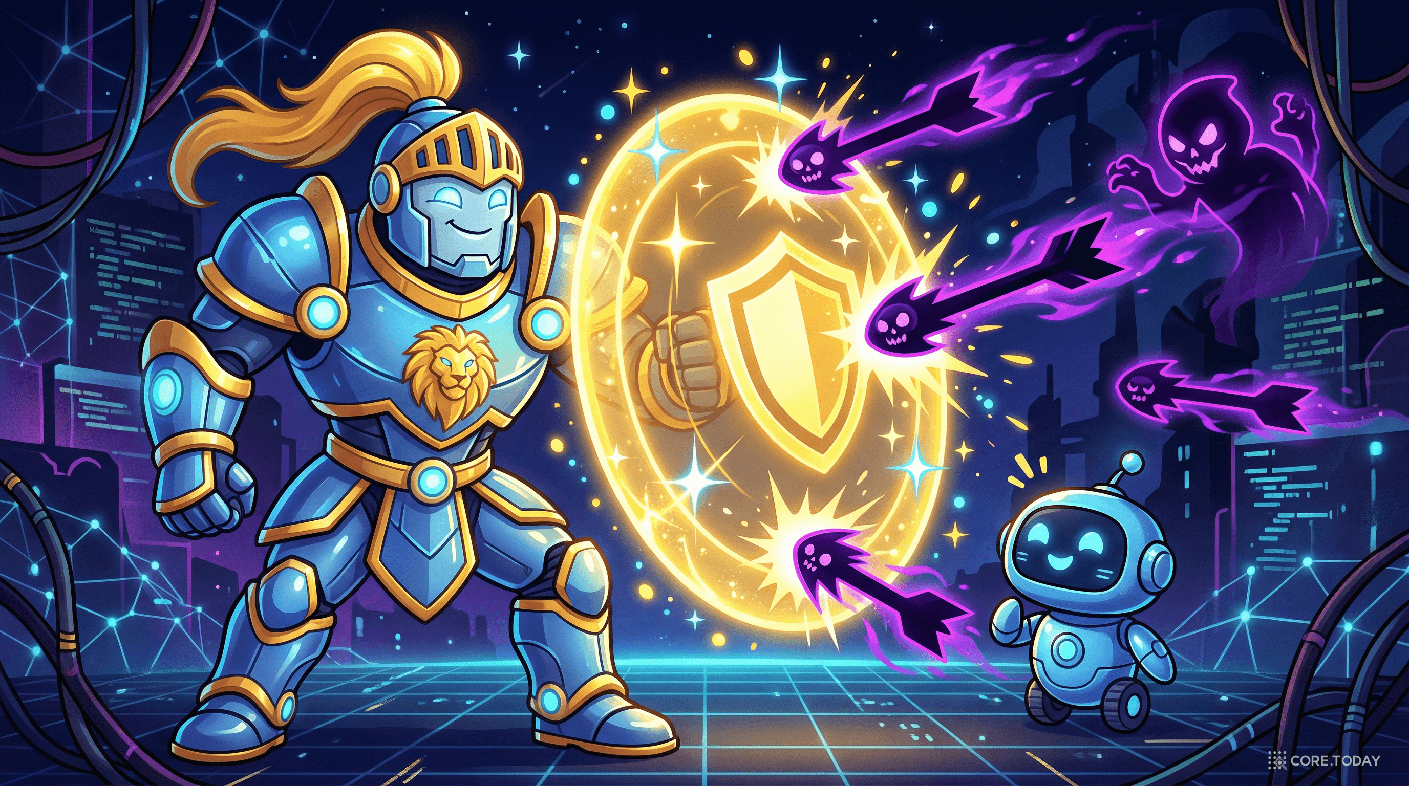 로봇 기사가 빛나는 방패로 작은 챗봇을 해커 공격으로부터 지키는 장면