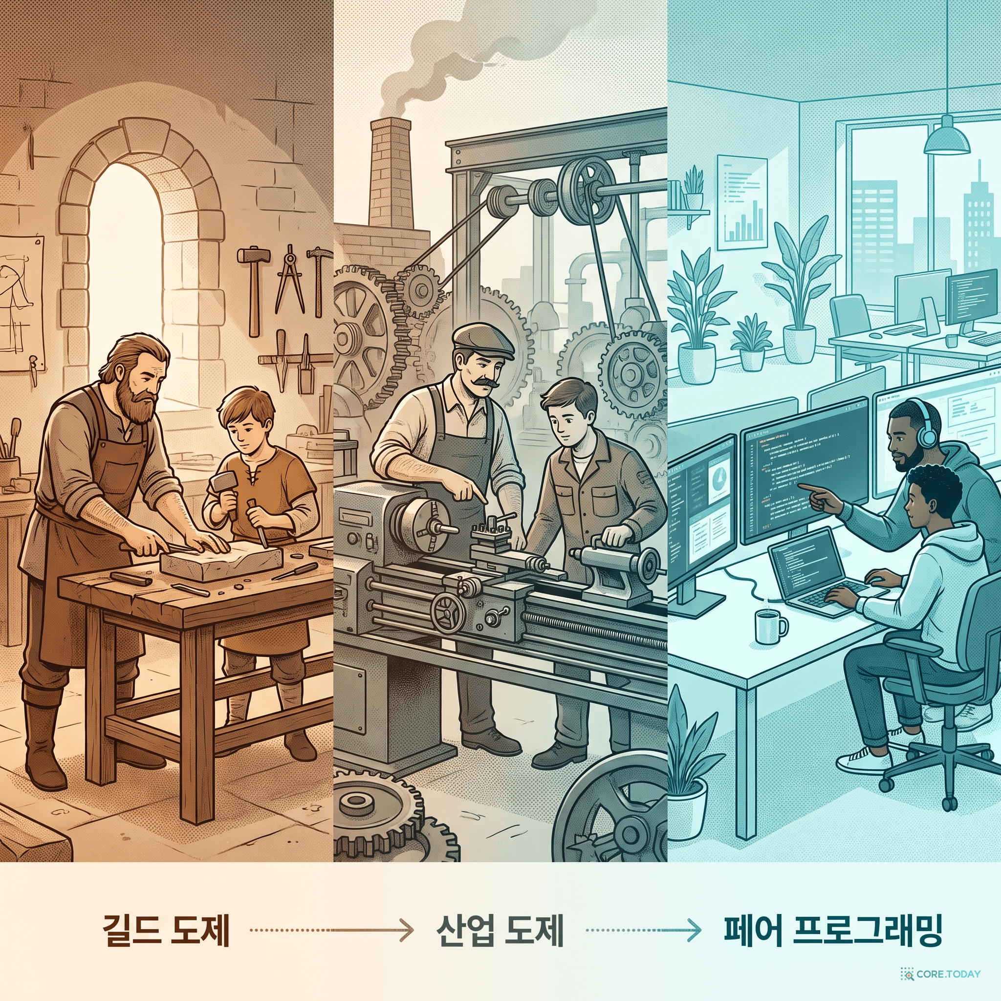 견습의 계보 — 길드의 공방에서 페어 프로그래밍까지, 형태만 바뀌었을 뿐 원리는 같다
