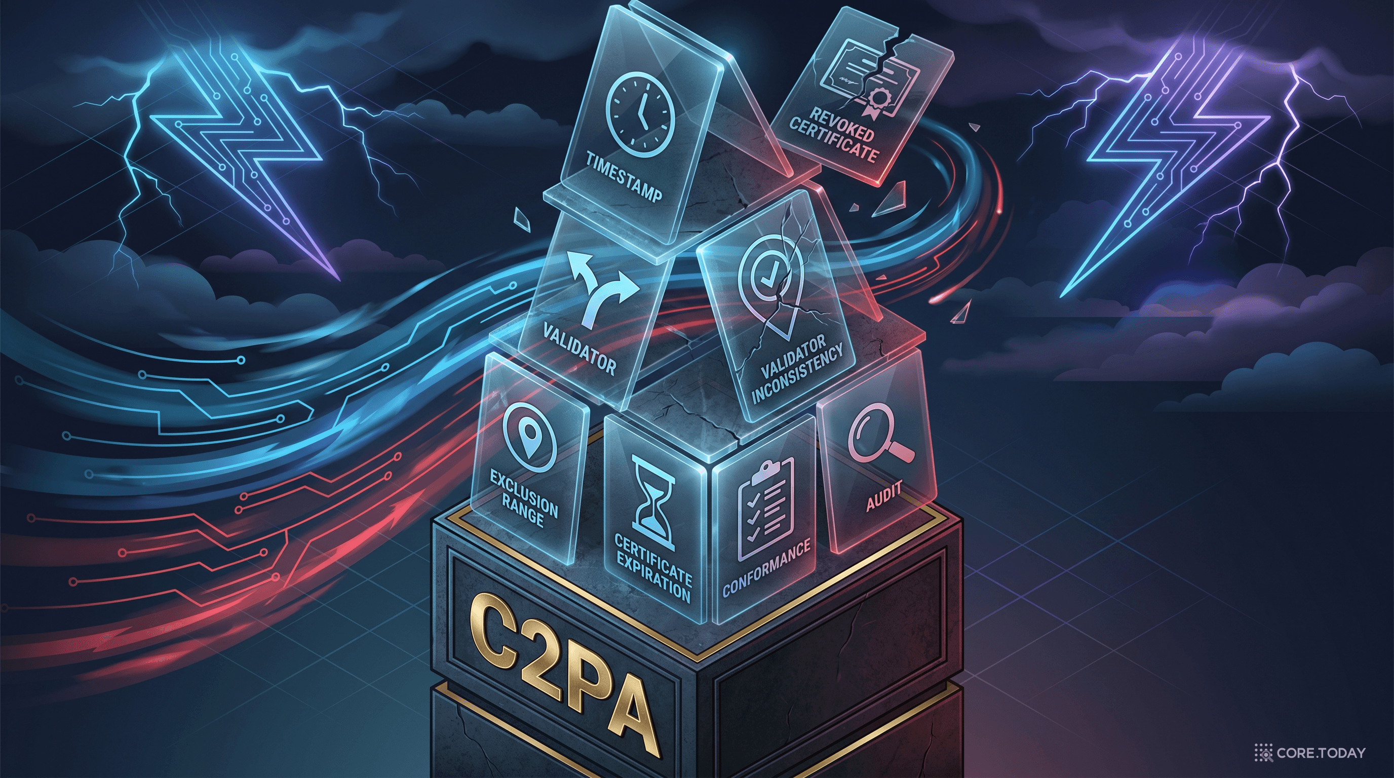 C2PA의 7개 균열 - 디지털 카드의 성이 무너지는 일러스트