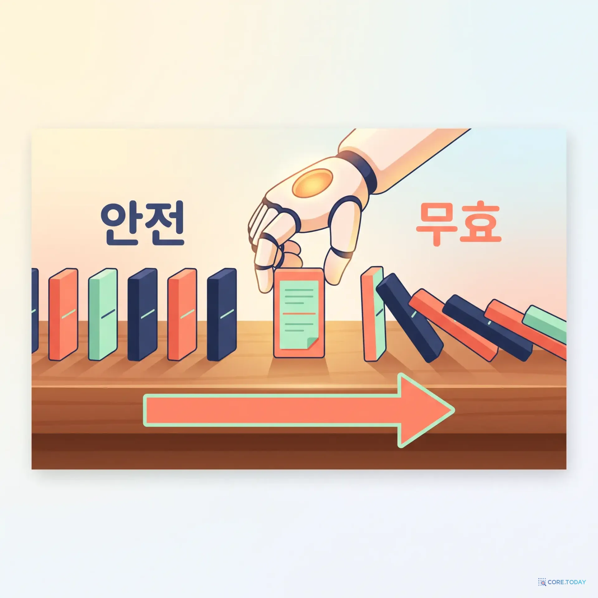 중간 도미노 하나를 바꾸면 그 뒤 도미노가 전부 쓰러진다 — 앞은 안전, 뒤는 무효